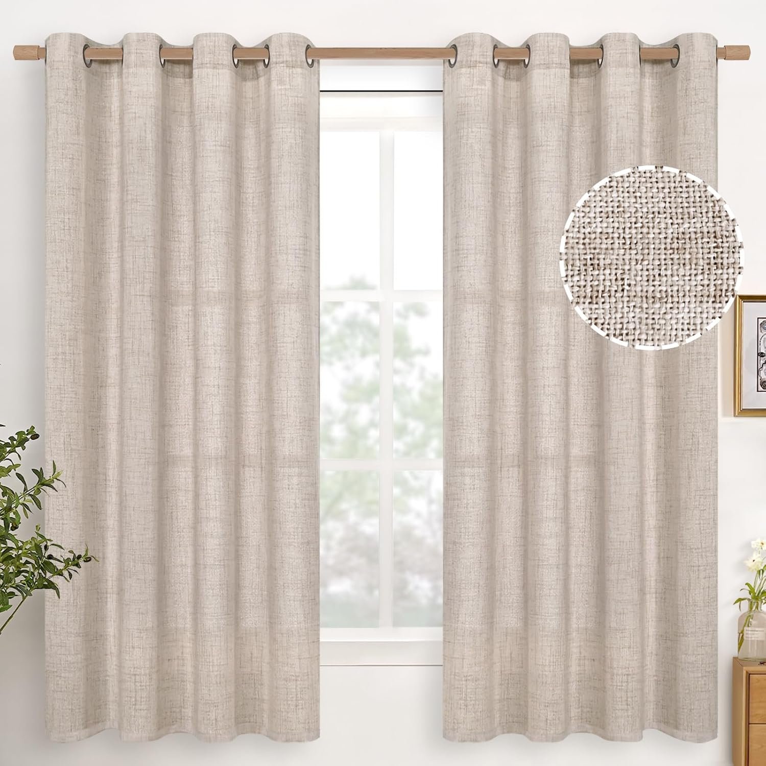 YoungsTex Linen Semi Sheer Curtains 63 Inch Length 2 Panels for Living Room – Light Filtering Drapes with Bronze Grommet Beige Window Treatments for Office Bedroom, 52 X 63 Inch