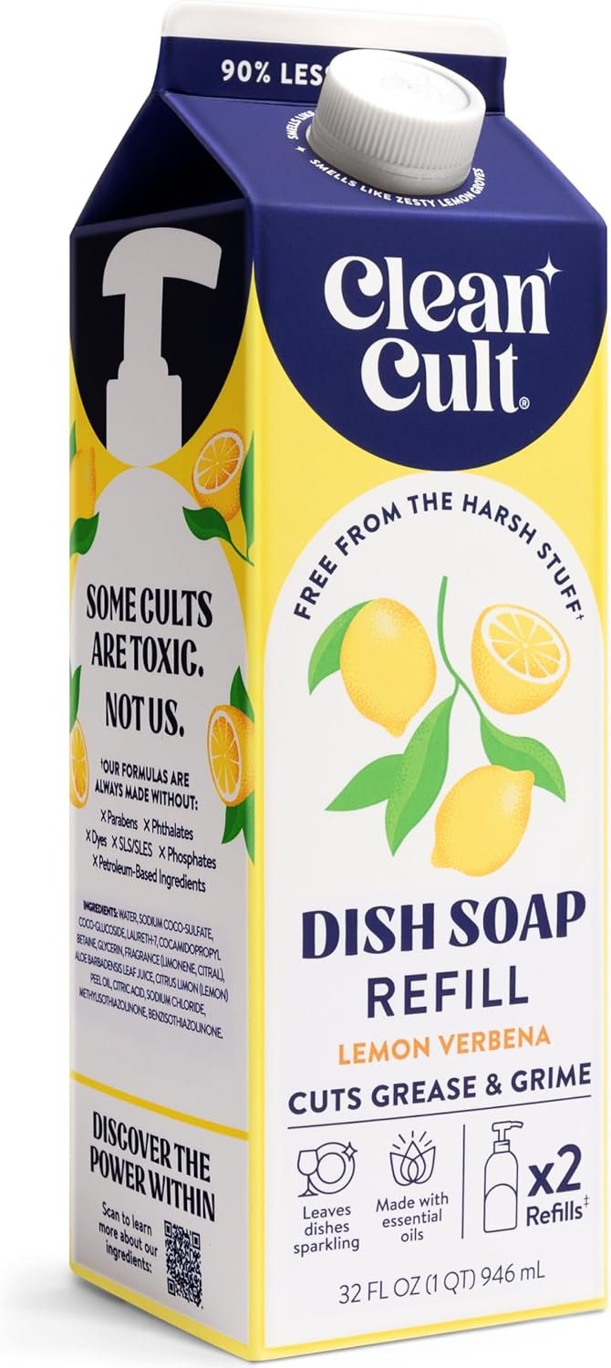 Cleancult Dish Soap Liquid Refill (32oz, 1 Pack) – Plant Based Cleaning Power – Dish Soap that Cuts Grease & Grime – Free of Harsh Chemicals – Uses 90% Less Plastic – Lemon Verbena