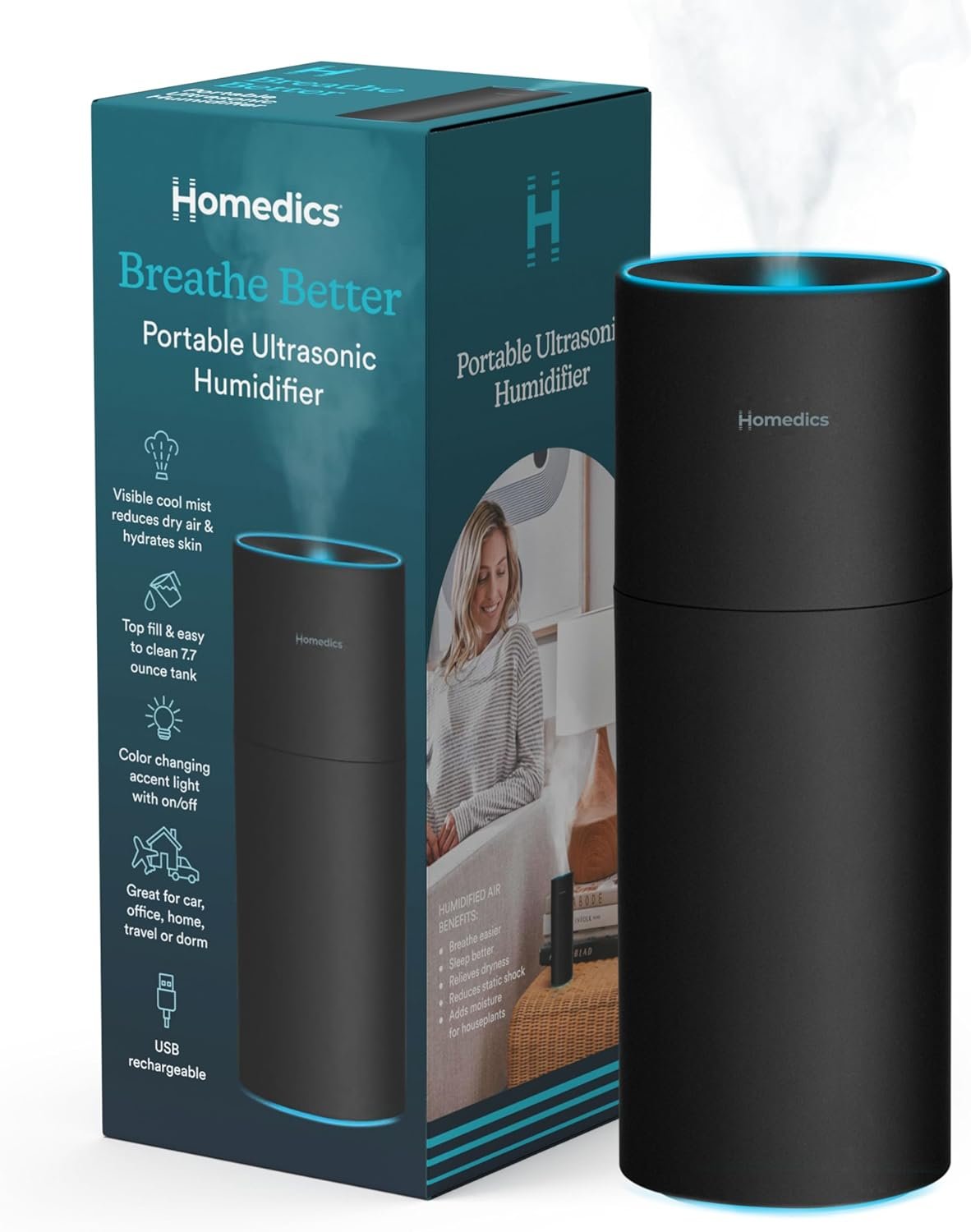 Homedics Portable Humidifier – Small Air Humidifiers for Bedroom, Plants, Office, Travel – Cool Mist Humidifiers, Color-Changing Accent Light, 2 Mist Settings, Matte Black