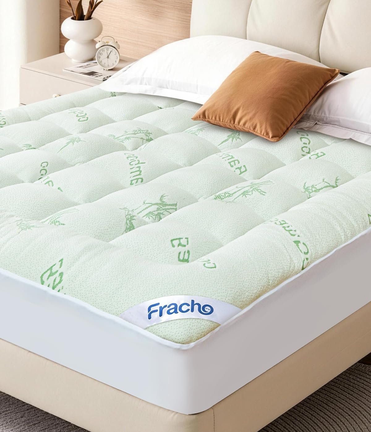 Fracho Ultra Soft Mattress Topper Queen Size – Cooling Mattress Topper with Rayon Made from Bamboo Cover – 1000GSM Plush Pillow Top Bed Pad, Naturally Breathable & Supportive for Hot Sleepers, Green