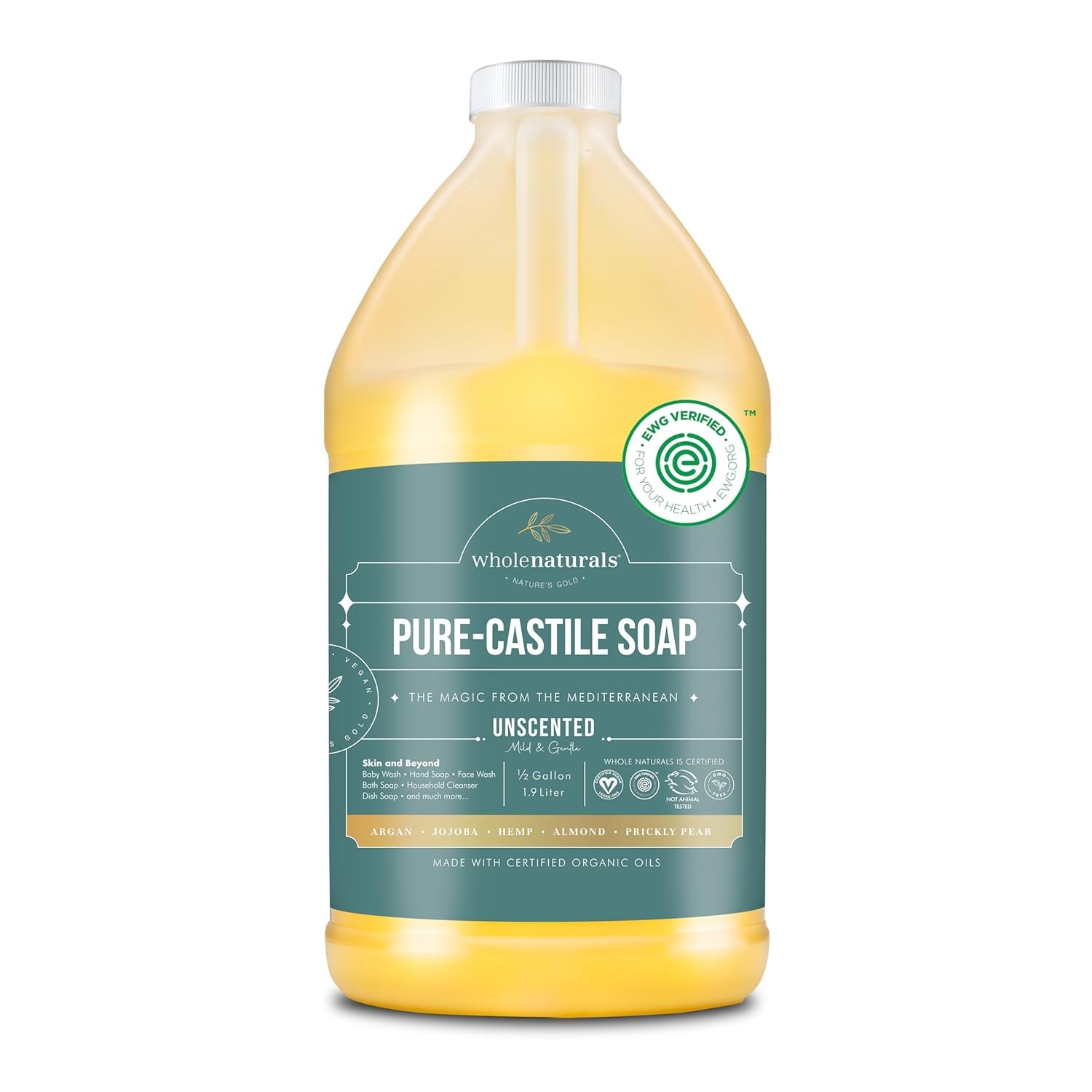 WHOLENATURALS Pure Castile Soap Liquid, EWG Verified & Certified Palm Oil Free Unscented, Natural, Mild & Gentle Non-gmo & Vegan – Organic Body Wash, Laundry, Pet/Dog and Baby Soap – 64 Fl Oz