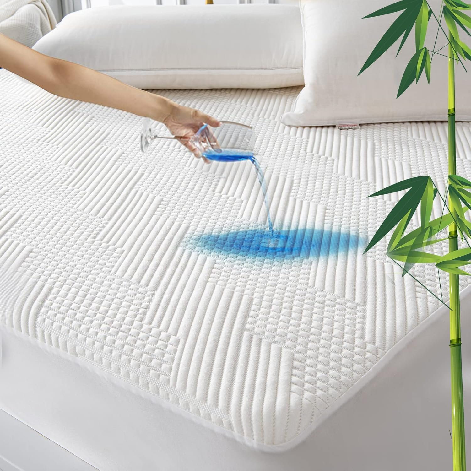 GRT Queen Waterproof Mattress Protector Rayon Bamboo – 3D Air Fiber Cooling Mattress Cover Breathable Ultra Soft, Mattress Pad Noiseless Fits up to 26” Deep Pocket Washable