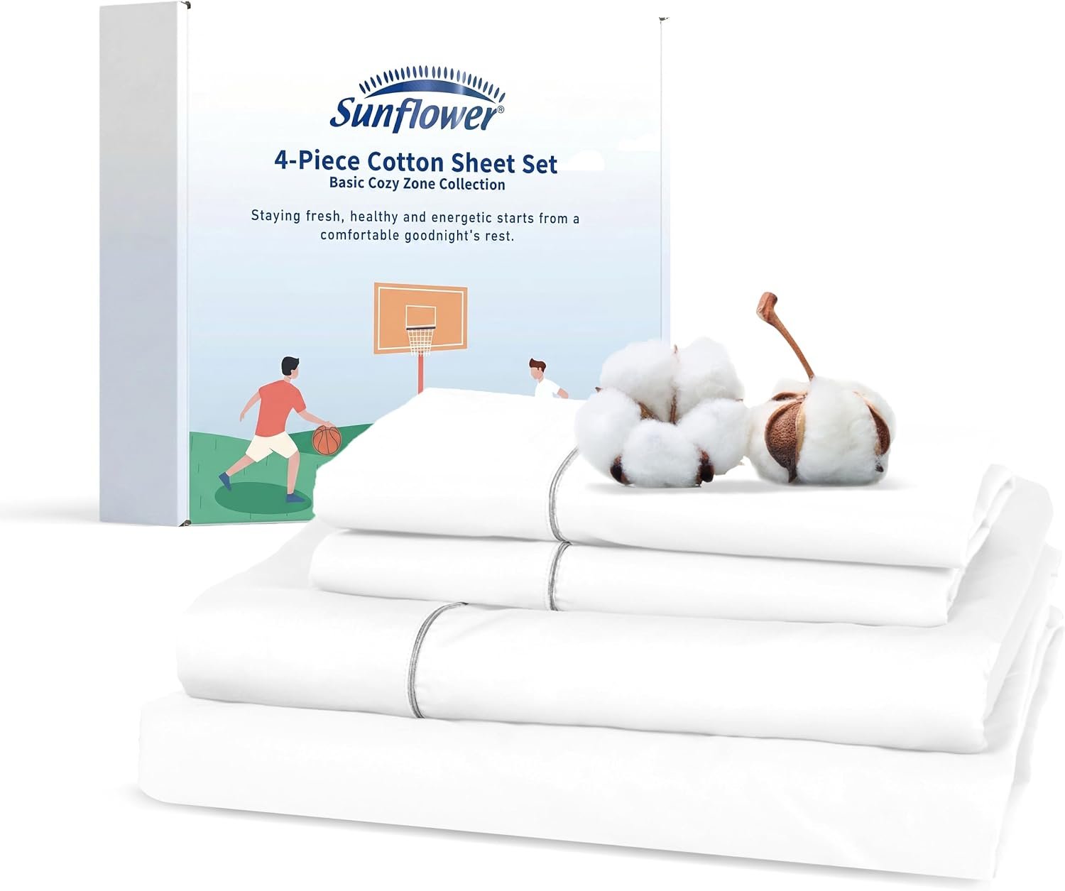 sunflower Extra Deep Pocket Queen Sheet Sets Fits 18″-24″ in Deep Mattress -100% Cotton Queen Sheet Set, White Hotel Luxury Soft Breathable Sheet Sets for Queen Bed Deep Pocket