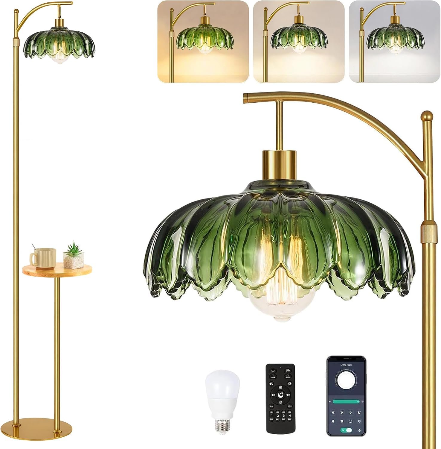 QIYIZM Gold Floor Lamp with Table and Shelves for Living Room Bedroom,Glass Standing Lamp with Remote Dimmable,Boho Brass Tall Lamp Vintage Farmhouse Arc Flower Floor Light Bohemian