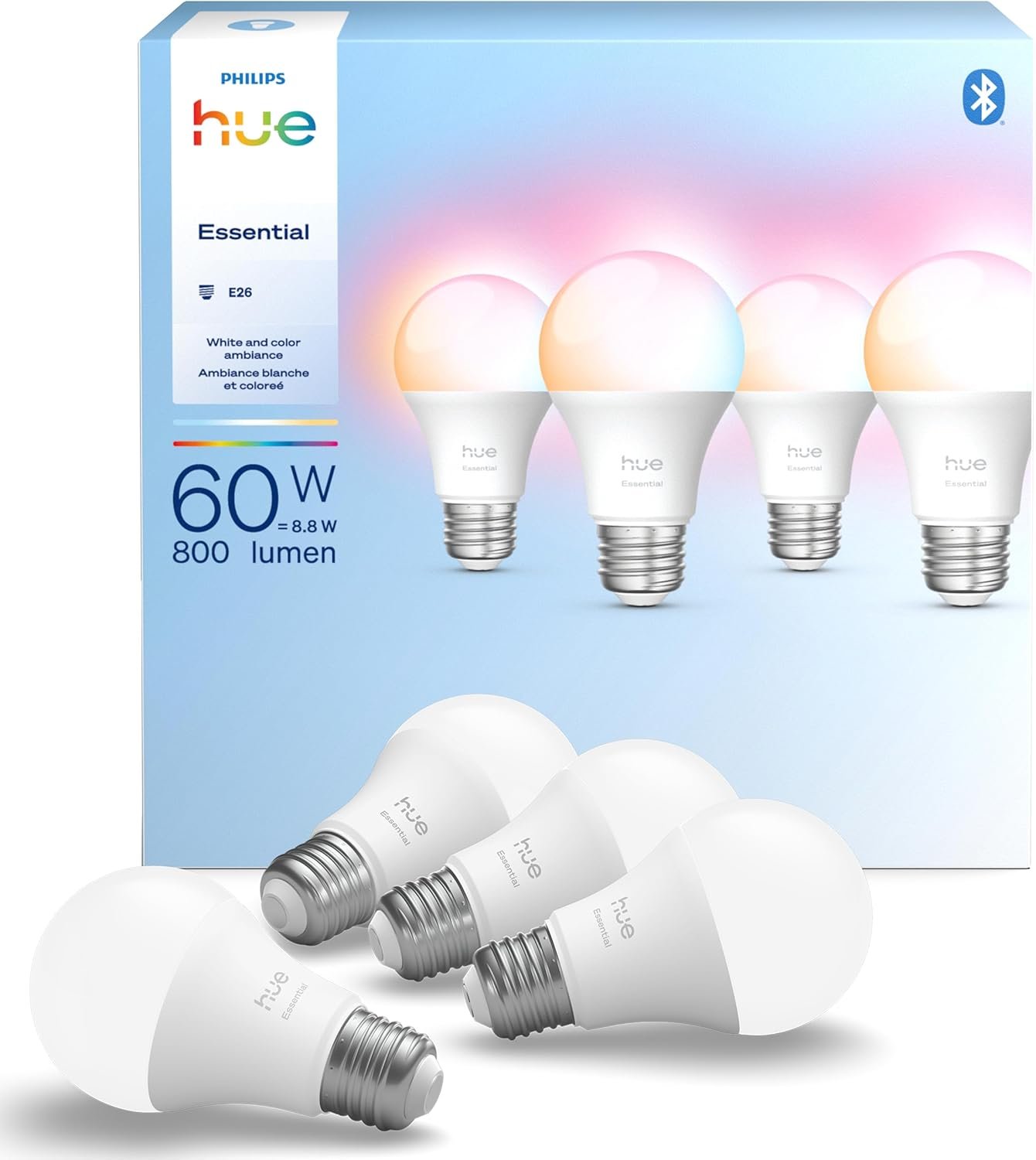 Philips Hue Essential Smart LED A19 Bulb 4-Pack, White and Color Ambiance, E26, 7.2W, 2200K-6500K, 800 Lumens, Dimmable LED Bulbs, Works with Alexa, Google Assistant, Apple Home