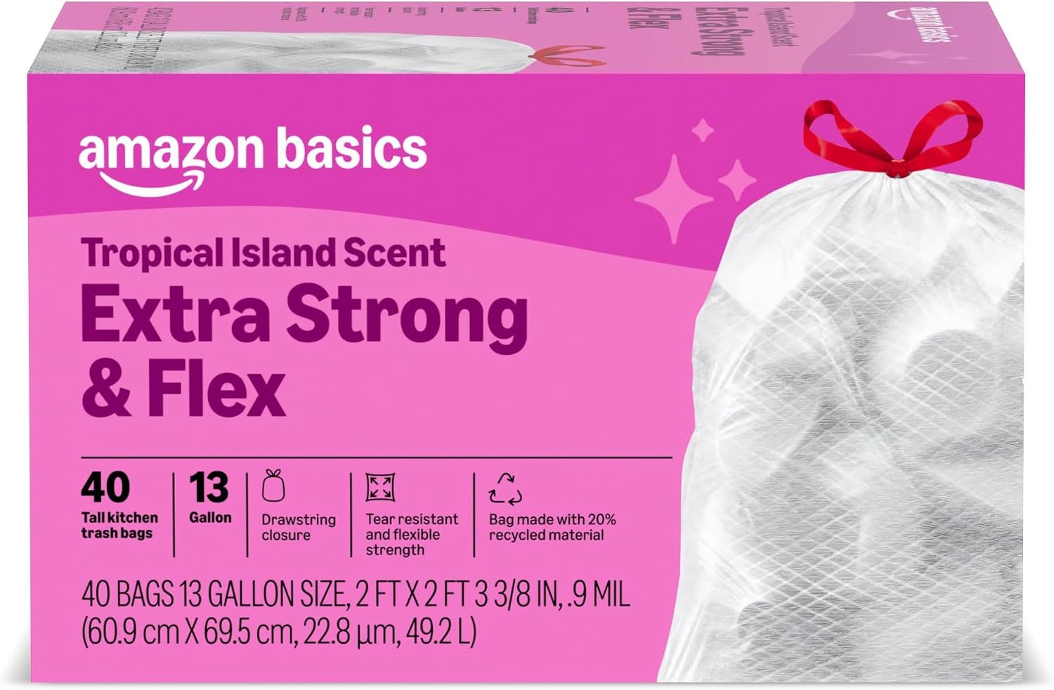 Amazon Basics Extra Strong & Flex Tall Kitchen Drawstring Trash Bags, Tropical Island Scent, 13 Gallon, Tear Resistant with Odor Control, 40 Count
