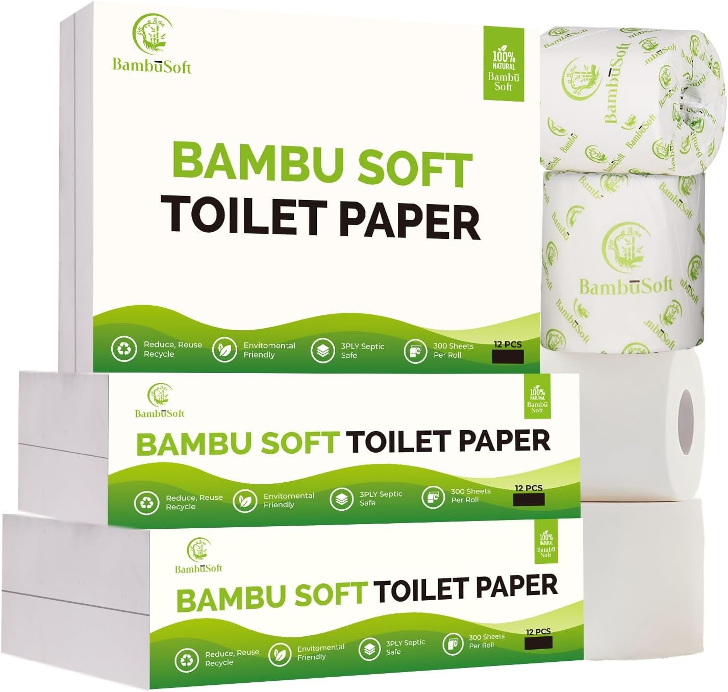Unbleached Bamboo Toilet Paper – 12 Mega Rolls (300 Sheets Each) – 3-Ply Ultra Soft, Strong & Septic-Safe Family Tissue. Eco-Friendly, Biodegradable Bathroom Rolls