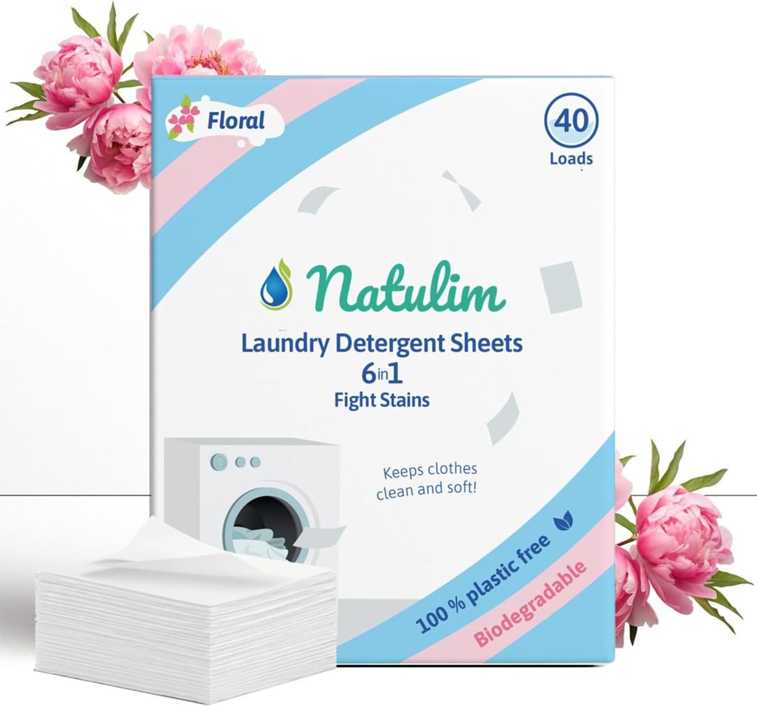 Natulim Laundry Detergent Sheets 40 Loads – Eco-Friendly Dissolvable Laundry Sheets, Biodegradable & Plastic-Free Detergent Strips, Ultra Concentrated Laundry Soap, Hypoallergenic | Fresh Floral Scent