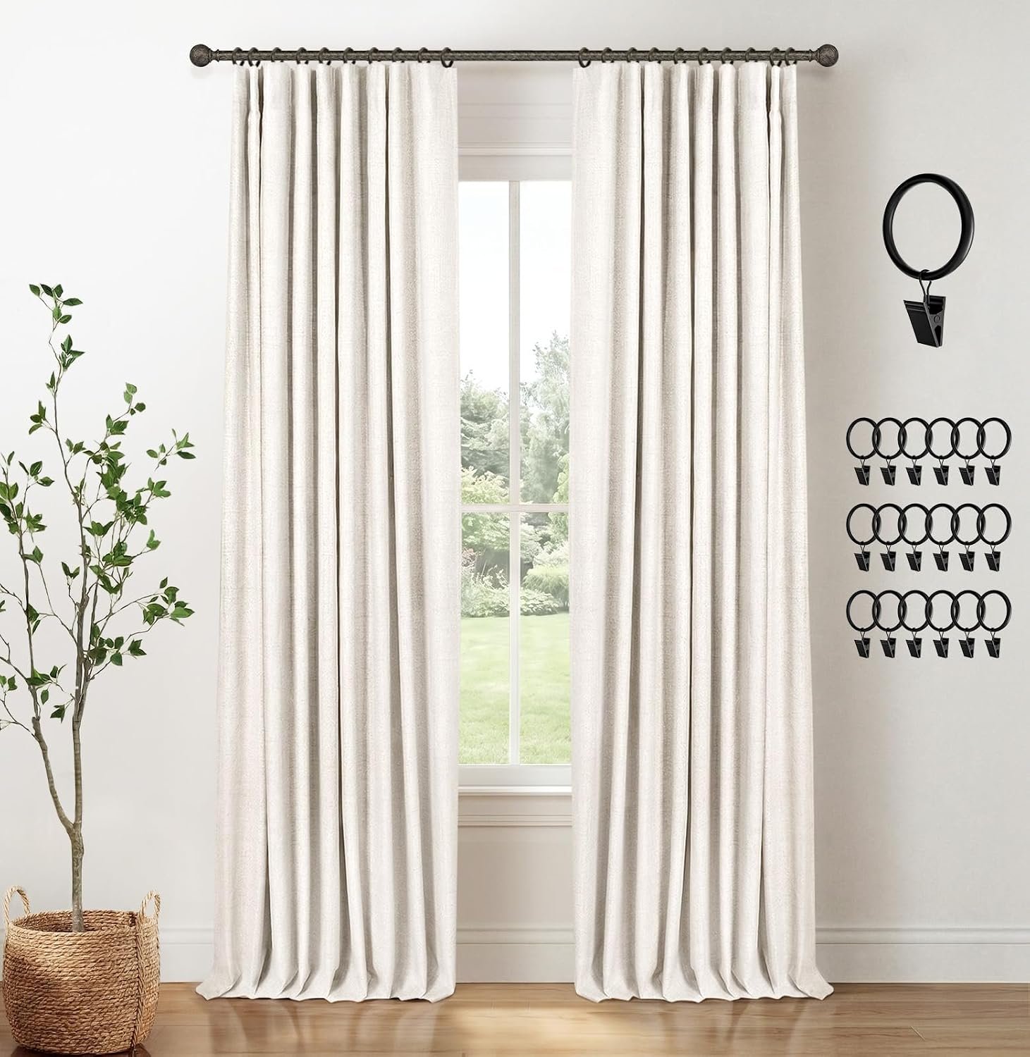 INOVADAY 100% Blackout Curtains for Bedroom, Black Out Curtains 84 Inch Long, Clip Rings Linen Blackout Drapes, Thermal Insulated Room Darkening for Living Room, 2 Panels – Beige,W50xL84