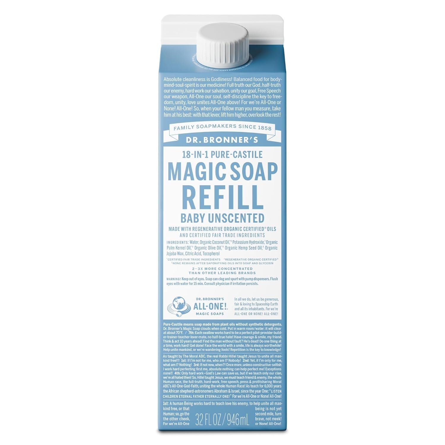 Dr. Bronner’s Pure-Castile Liquid Soap Refill – Made with Regenerative Organic Certified Oils, 86% Less Plastic – 18-in-1 Uses, For Face, Body Wash, Hand Soap Refill & More – Baby Unscented, 32oz