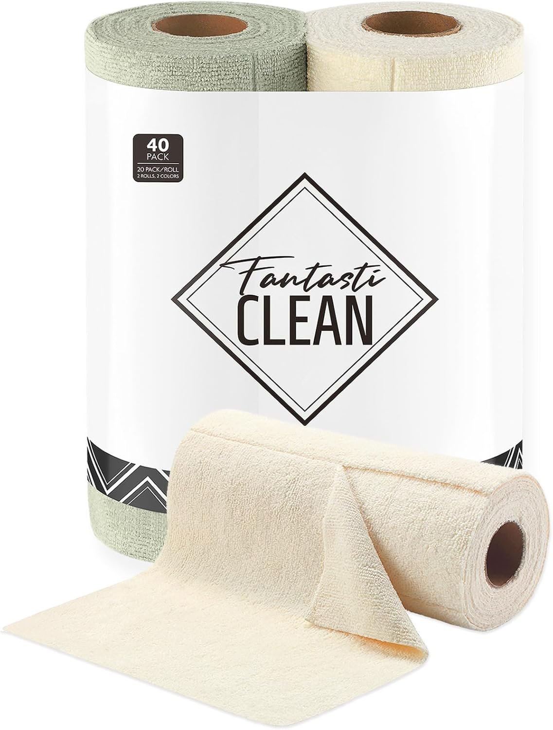 Fantasticlean Kitchen Towels – 40 Sheets – Reusable Washable Dishcloth Rolls, Super Absorbent, Premium Microfiber Cleaning Cloths, 10” by 10” (Beige, MossGreen)