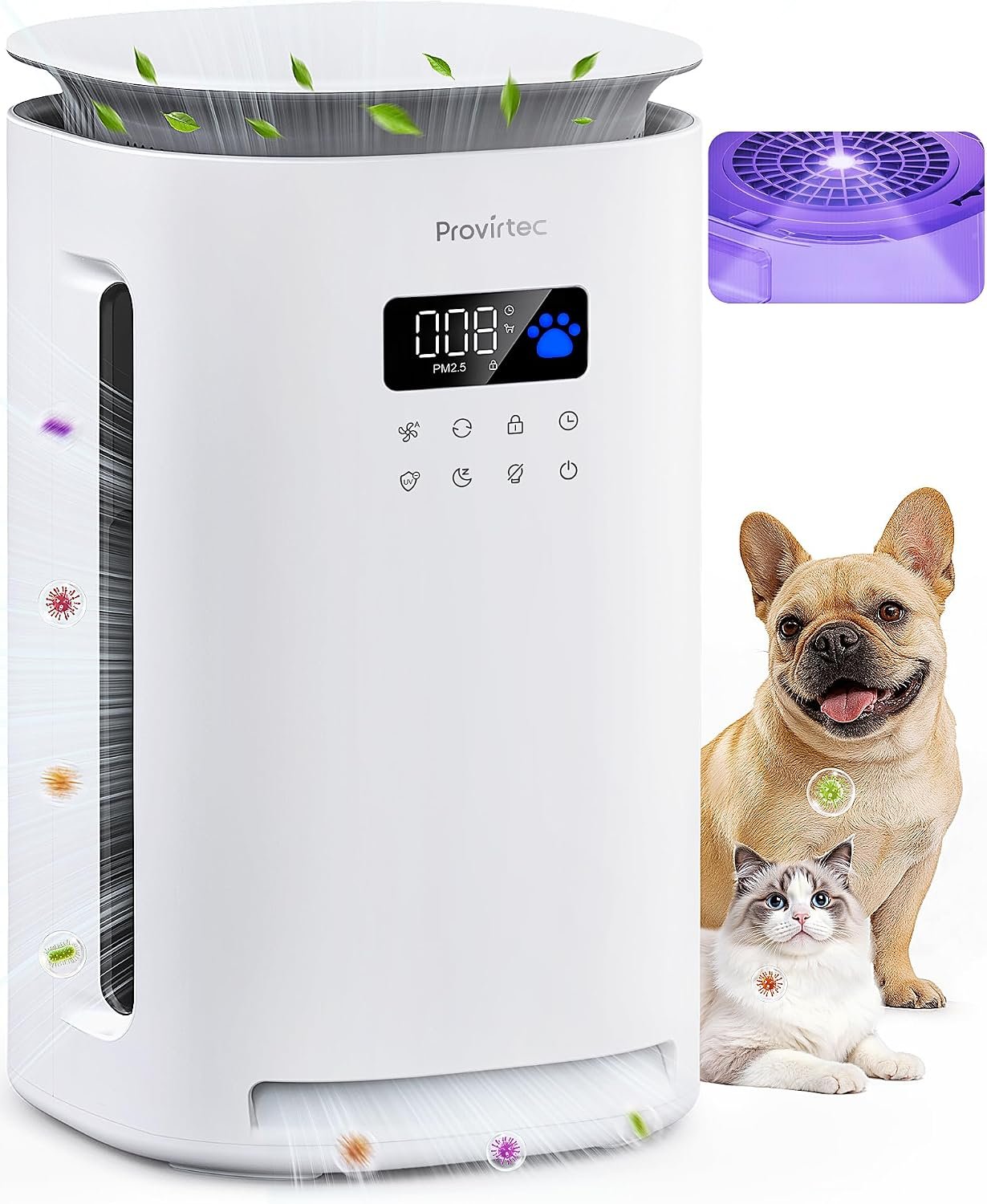 Provirtec Pawtent Pro Pet Air Purifier, 2-Year Filter Life, 99.23% Pet Odor & 99.97% Allergies & 99.70% Pet Hair Reduction, H13 True HEPA, Auto Mode for Cats Dogs Home Large Room
