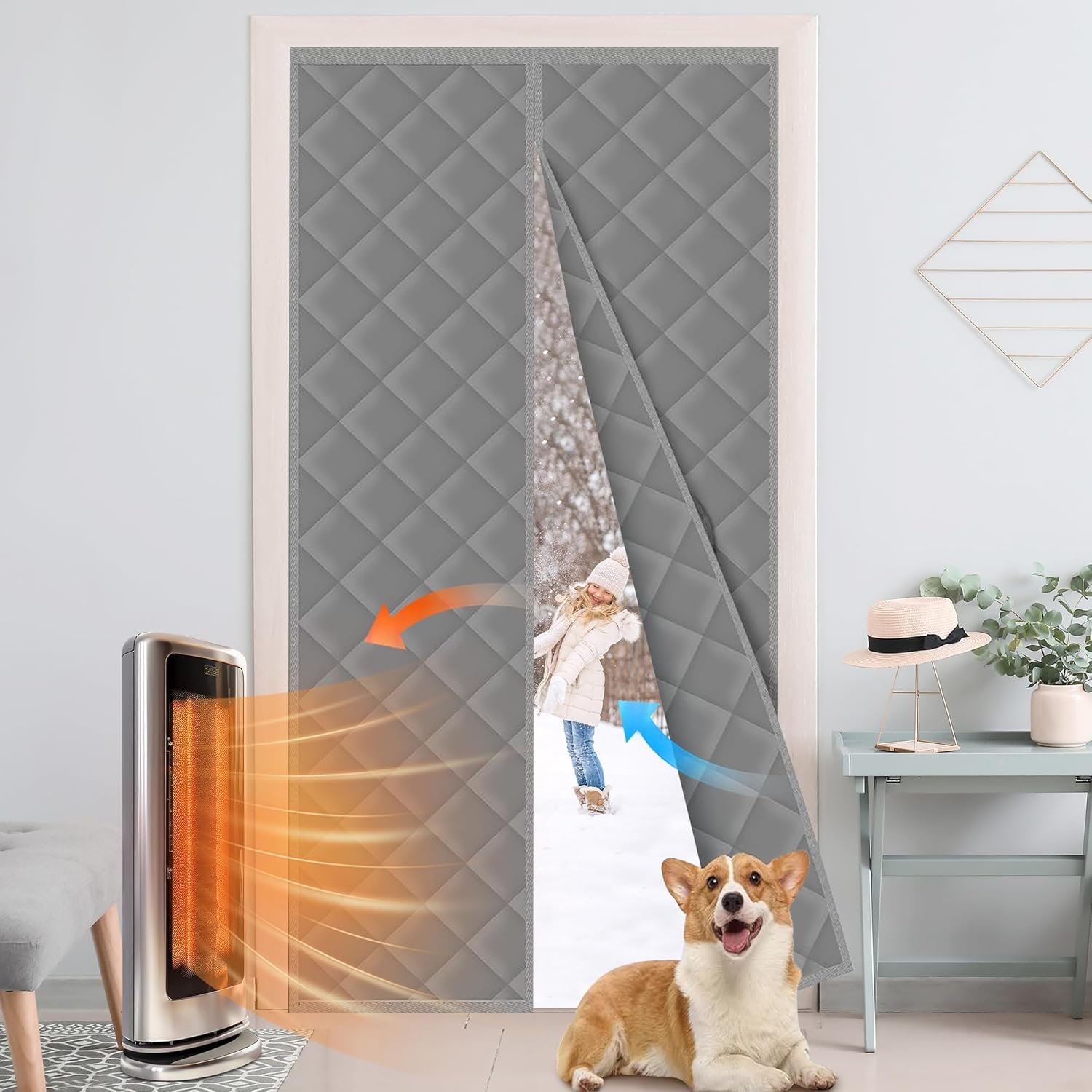 Magnetic Thermal Insulated Door Curtain Cover Block fit 36x82inch Door,Curtains Itself Size 38x84inch Cotton Thermal Curtain for Winter, Thermal Doors Curtain for Doors Blocking Wind and Snow