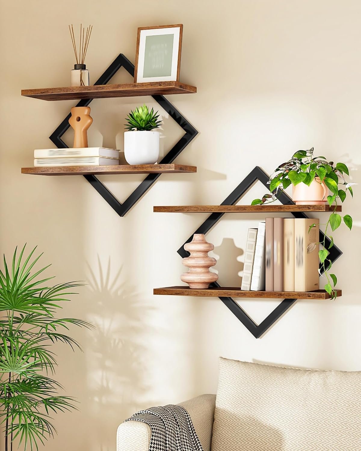 CHOEZON Floating Shelves, Set of 2 Wall Shelves, 2-Tier Hanging Shelves, Wall Shelf Set of 2, Wall Mounted Shelves, for Living Room, Bedroom, Kitchen, Office, Study, Rustic Brown TBJ01P2BF