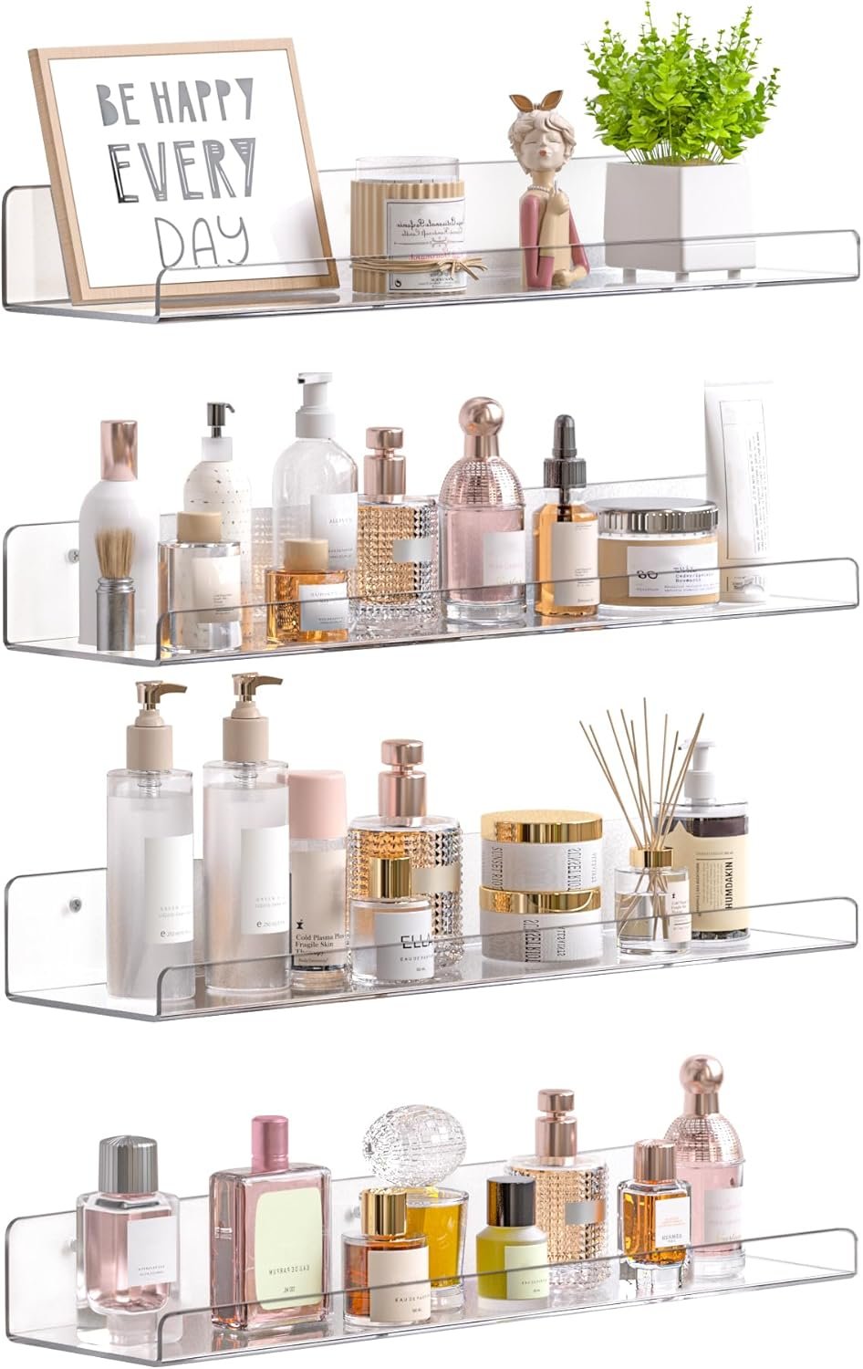 upsimples Acrylic Shelves for Bathroom Storage, 15″ Floating Shelves Wall Organizer for Perfume, Make up, Skincare, Kids Bookshelf for Bedroom, Nursery, Living Room Decor, Clear, 4 Pack