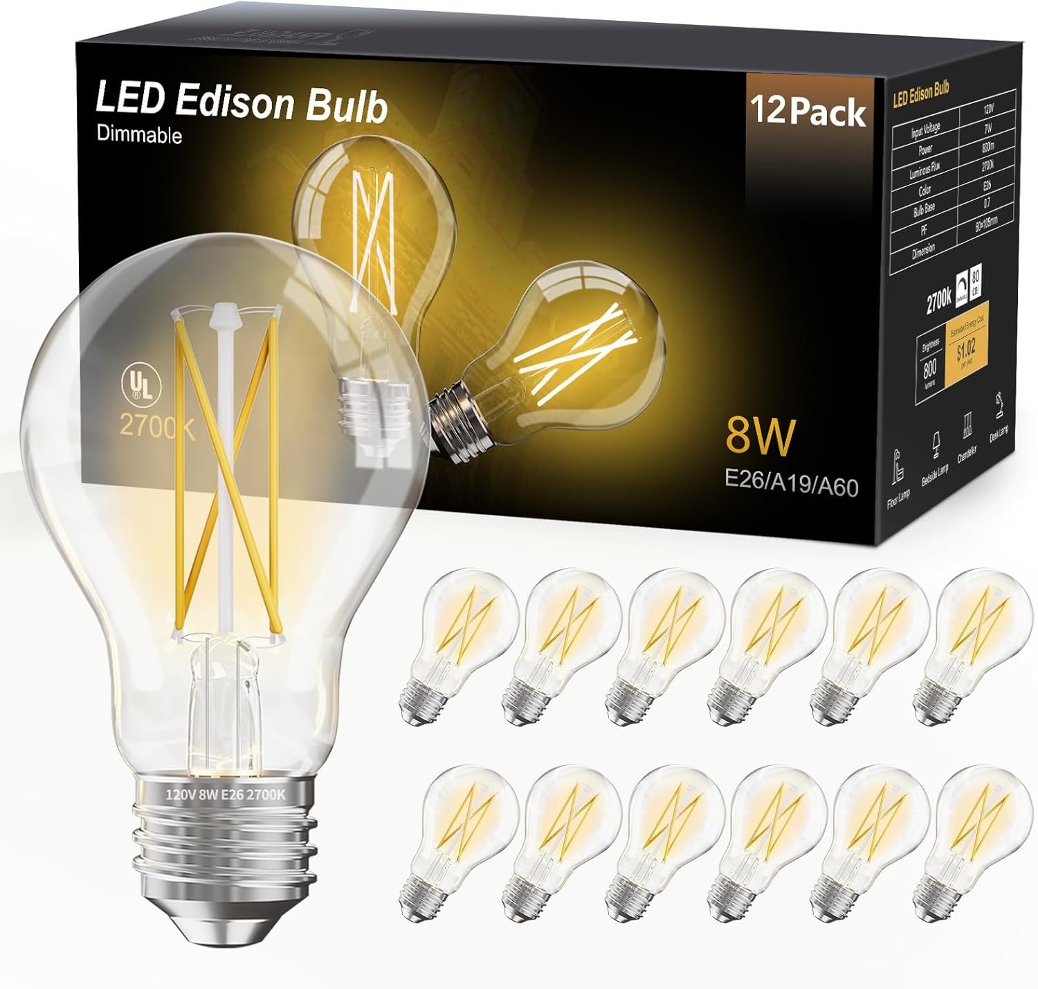 dalattin 12 Pack A19 Vintage LED Edison Bulbs, Dimmable, 60W Equivalent, High Brightness 2700K Soft White, 8W E26 Standard Base, 800 Lumens, CRI80+, Clear Glass Filament Bulb for Home