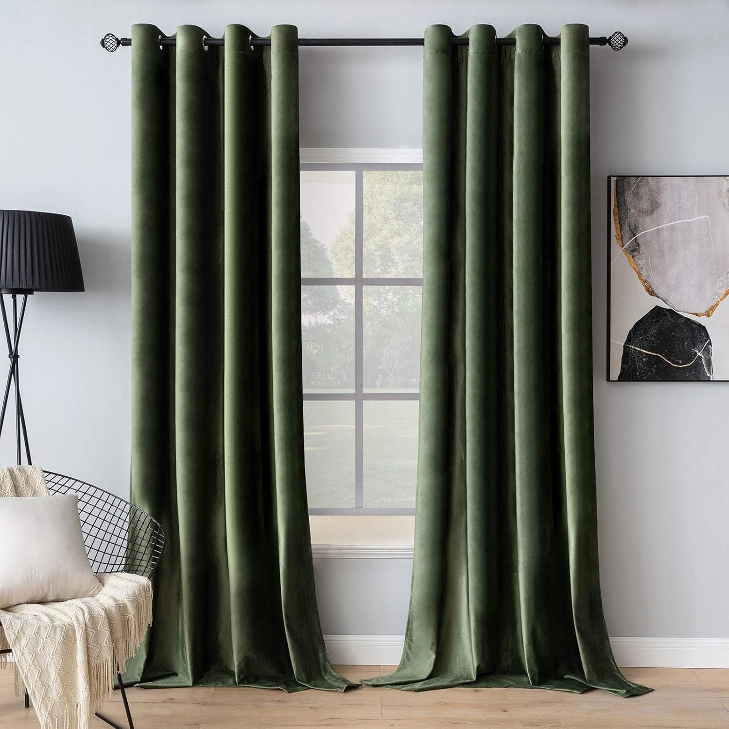 MIULEE Velvet Curtains Olive Green Elegant Grommet Curtains Thermal Insulated Soundproof Room Darkening Drapes for Classical Living Room Bedroom Decor 52 x 84 Inch Set of 2