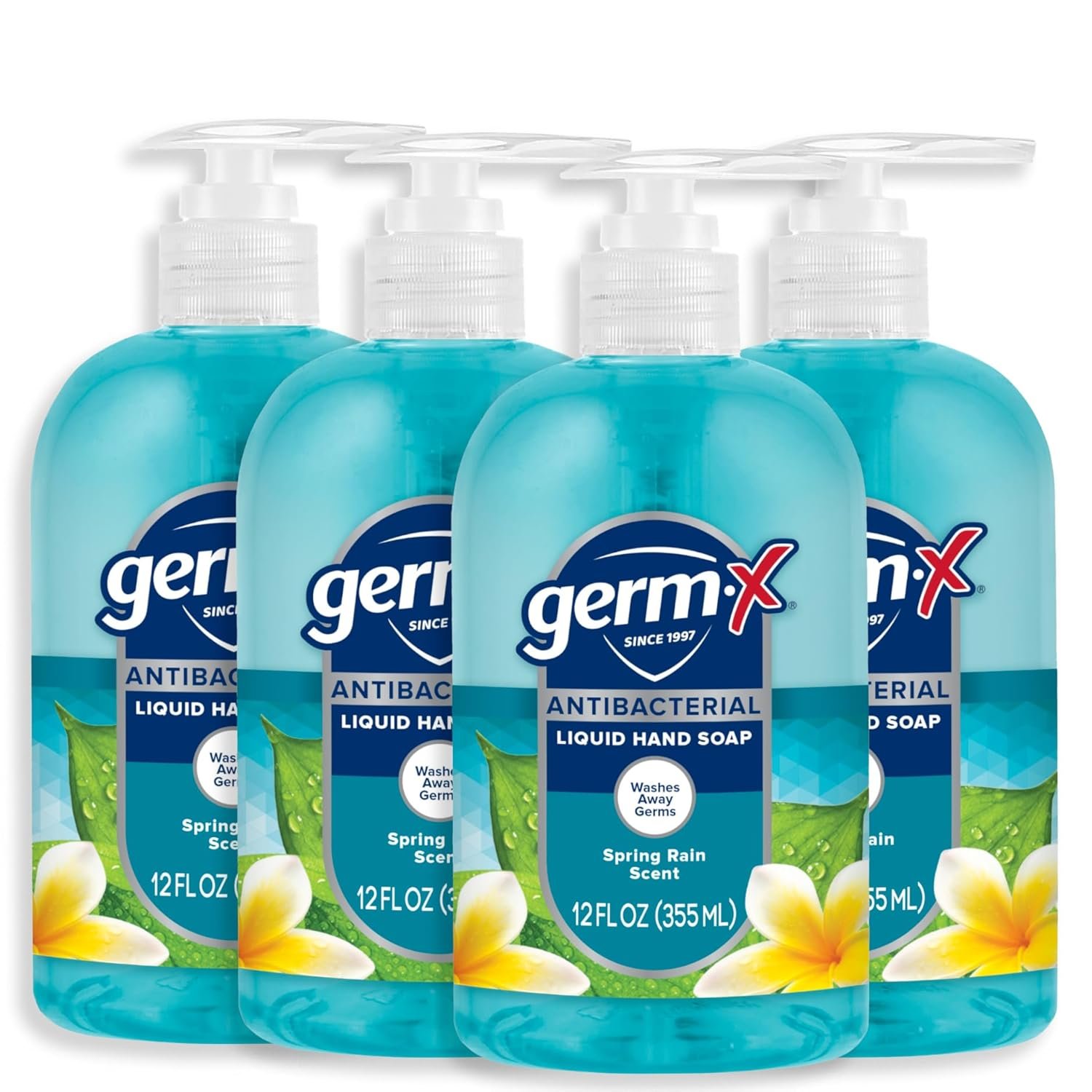 Germ-X Antibacterial Hand Soap, 12 Oz (Pack 4), Moisturizing Liquid Hand Wash for Kitchen or Bathroom, pH Balanced & Dermatologist Tested, Spring Rain Scent, Pump Bottle
