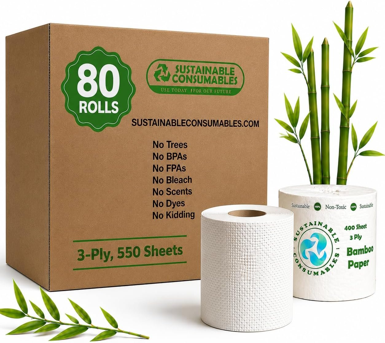Healthy Organic Bamboo Toilet Paper – Toxin-Free, 80 Rolls, 3-Ply, 550 Sheets, Bulk for Business, Commercial & Educational Environments. Free of Forever Chemicals.