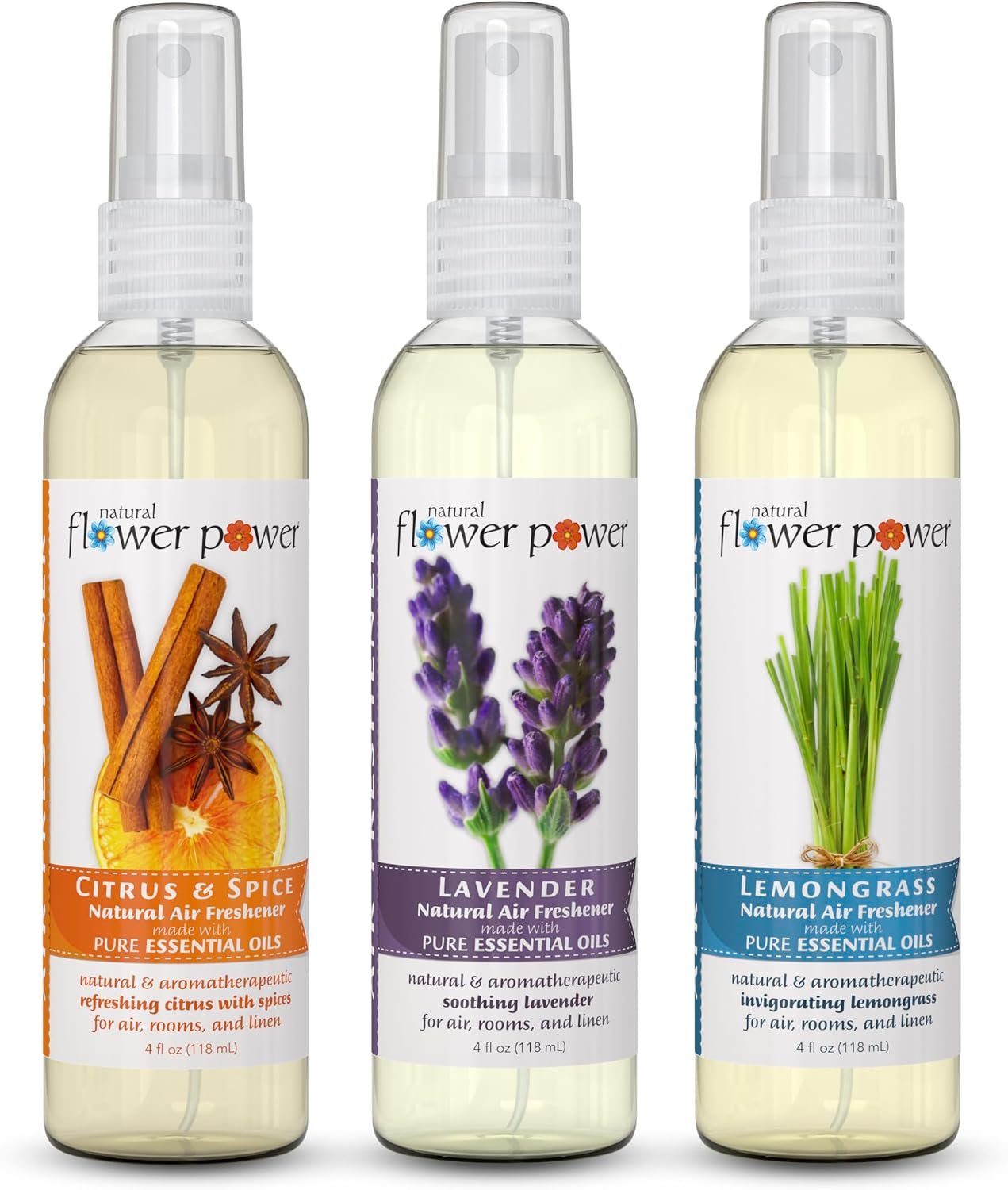 Natural Flower Power Air Freshener Spray – Odor Eliminator with Essential Oils for Home, Car & Fabric – Cruelty Free & Vegan – Variety Pack – Citrus & Spice + Lavender + Lemongrass – 3 x 4 fl oz
