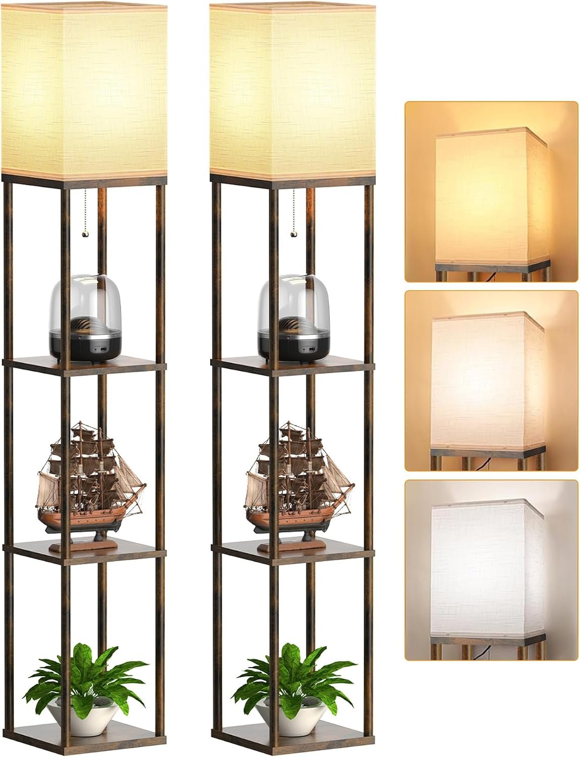 PARTPHONER Floor Lamp with Shelves for Living Room 2 Pack, Shelf Floor Lamp with 3 CCT LED Bulb, Corner Display Standing Column Lamp Etagere Organizer Tower Nightstand for Bedroom, Rustic Brown