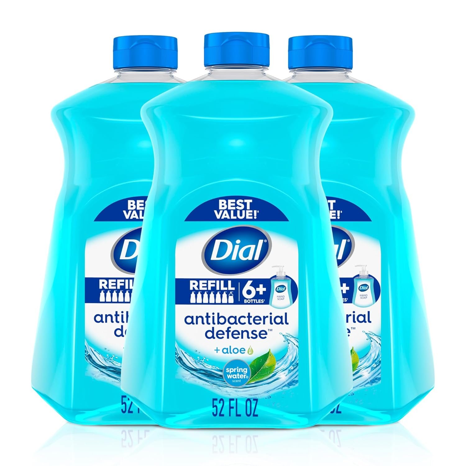 Dial Antibacterial Defense Liquid Hand Soap + Aloe, Spring Water Scent, 52 Fl Oz Hand Soap Refill (Pack of 3), Dermatologist-Tested, Gentle Formula