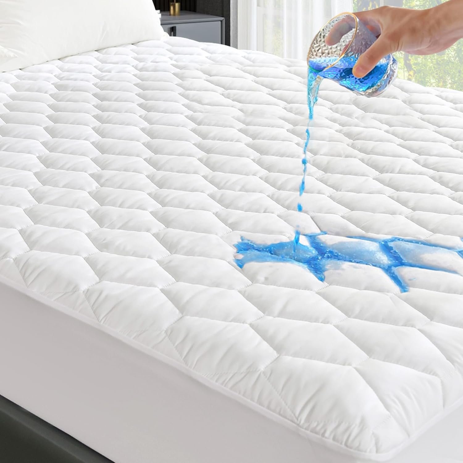 GRT Twin Mattress Protector Waterproof, 100% Waterproof Quilted Fitted Mattress Pad, Noiseless Hollow Cotton Mattress Cover, fits up to 18″ Deep, Dust Proof White