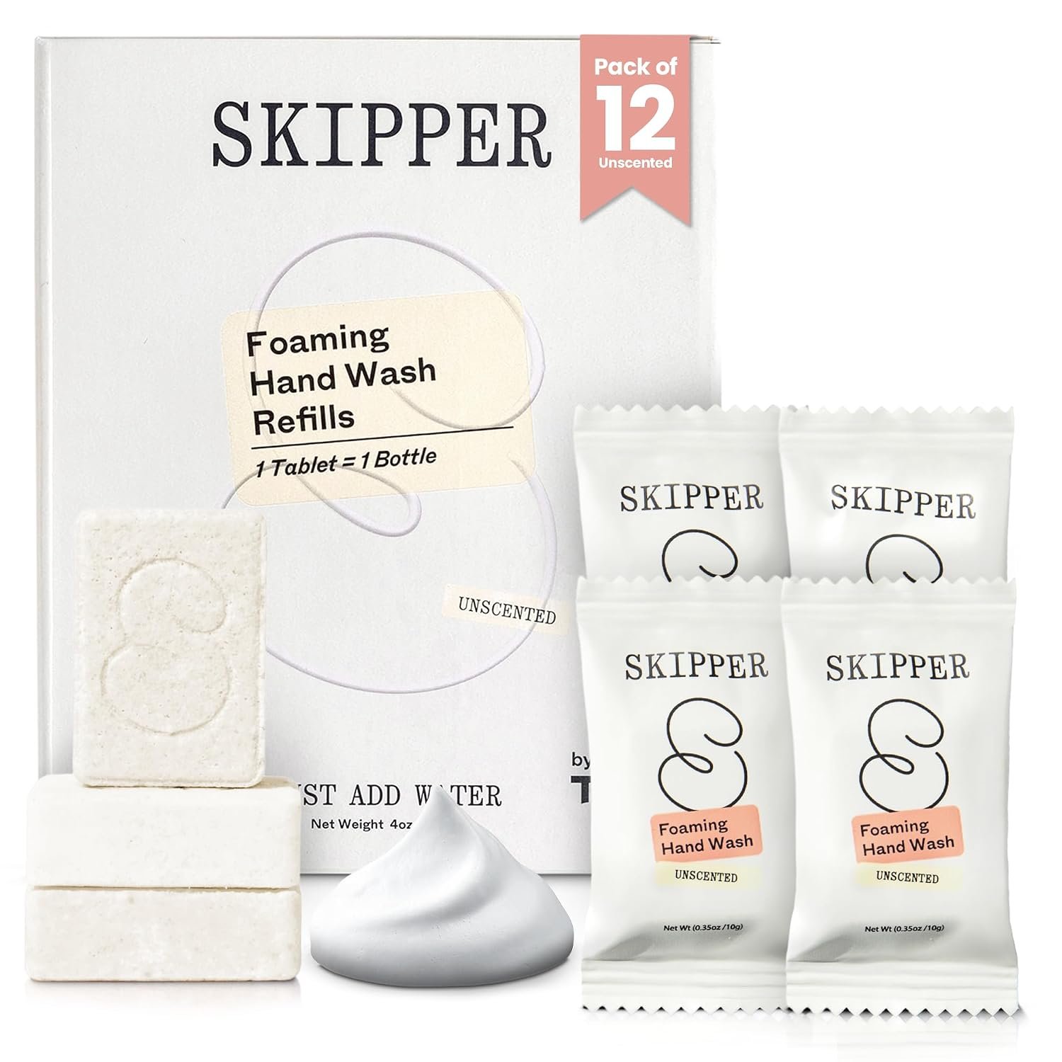 Tirtyl Skipper Foaming Hand Soap Tablet Refills – 12 Pack – 4oz fl total (12x 0.4 fl oz) – Rebranded – Compostable Packaging – Unscented