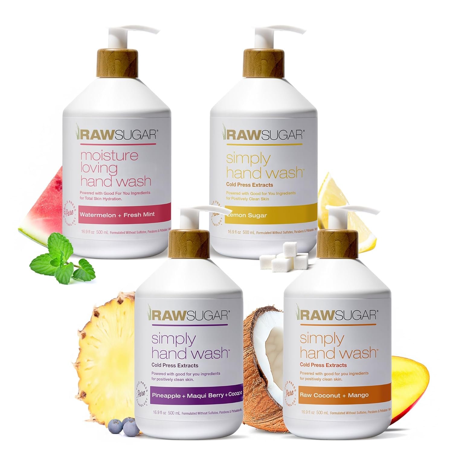 RAW SUGAR Hand Wash Variety Bundle – Lemon Sugar, Watermelon + Fresh Mint, Pineapple + Maqui Berry + Coconut & Raw Coconut + Mango, Formulated without Sulfates & Parabens (16.9 fl. oz, Pack of 4)