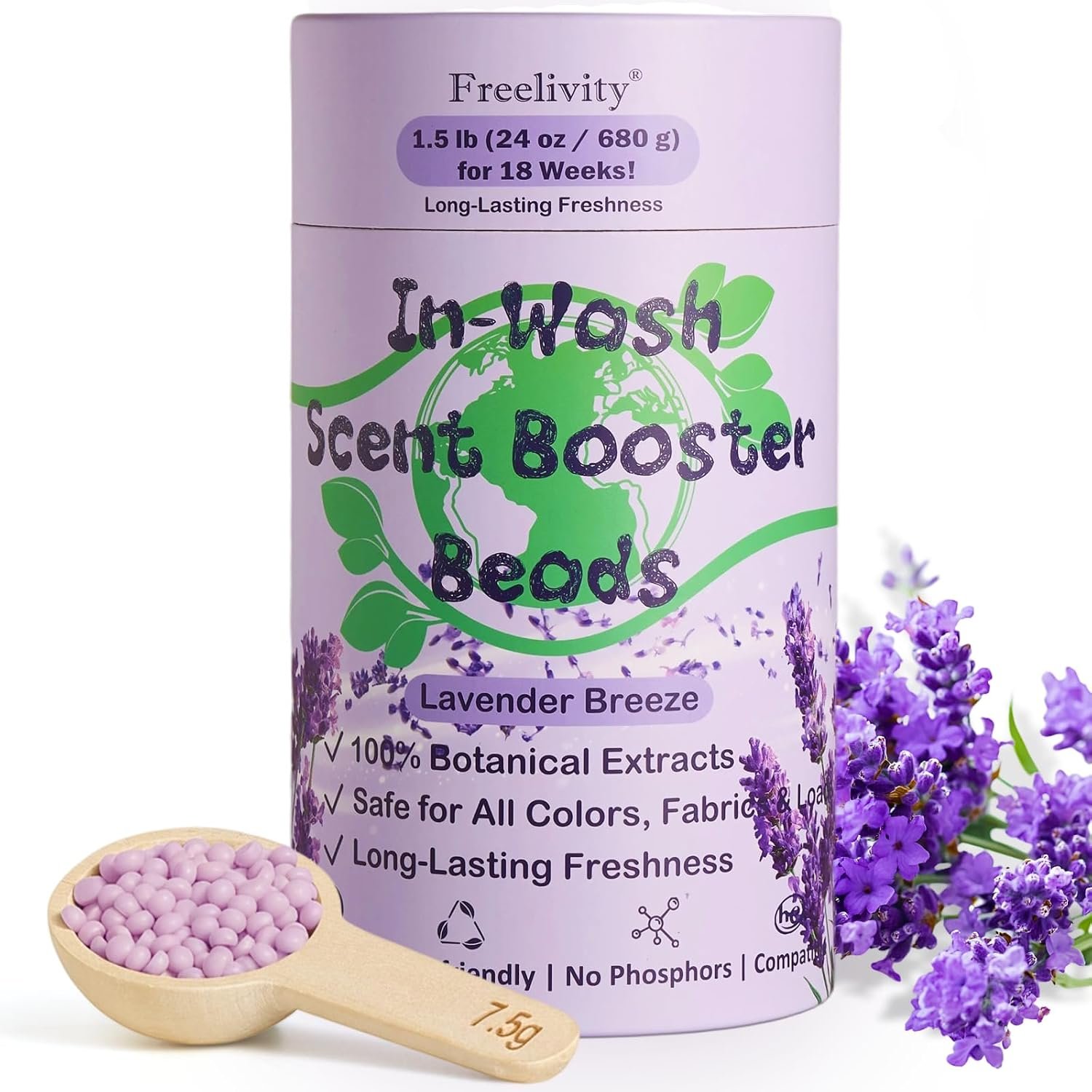 Freelivity In‑Wash Scent Booster Beads – Lavender Breeze Scent, Laundry Beads fabric softener, 24 oz – Lasts Up to 70 Washing Cycles – Safe for Sensitive Skin, Babies and Kids
