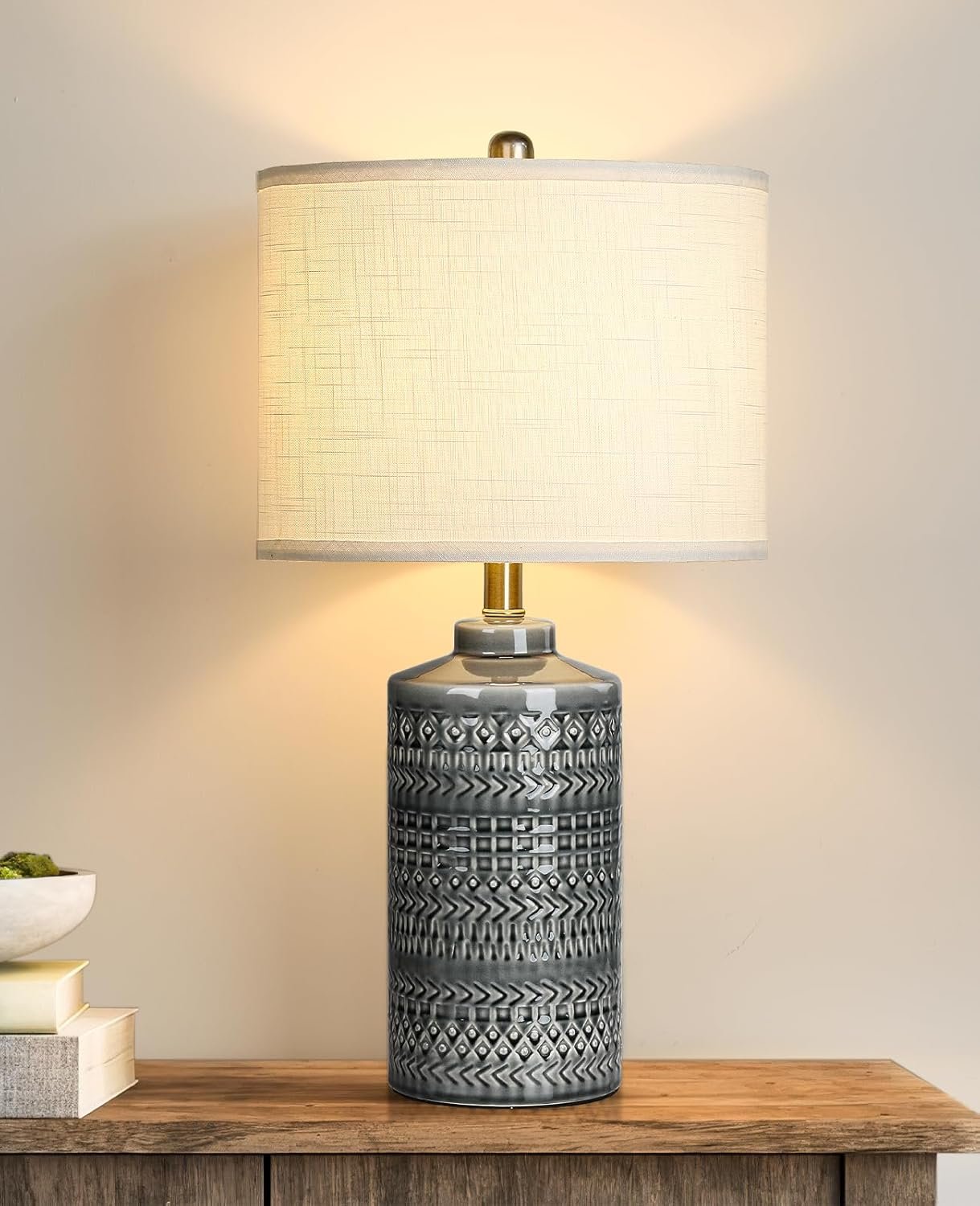 Modern Ceramic Table Lamp, 24.5″ Living Room Lamps 3-Way Dimmable Gray Nightstand Lamp with White Shade|Tall Bedside Lamp Desk Decor Lamps for Bedrooms Farmhouse Office End Table Lamps(Bulb Included)
