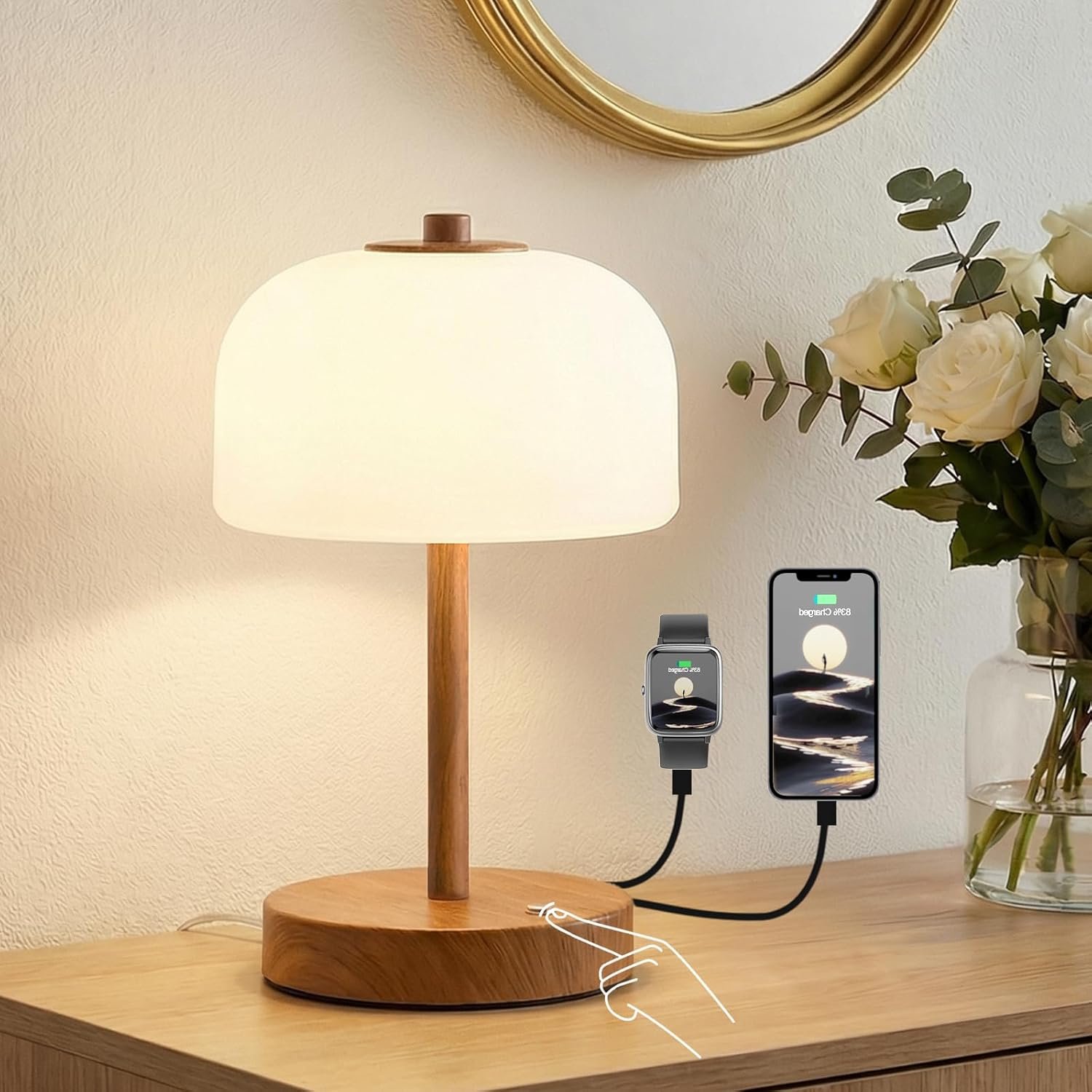 Oneach 9.5″ Corded Touch Control Table Lamp with USB A+C Charging Ports, Wood Grain Dimmable LED Bedside Lamp with 3 Color Temperatures, Small Modern Table Lamps for Bedroom Nightstand Living Room