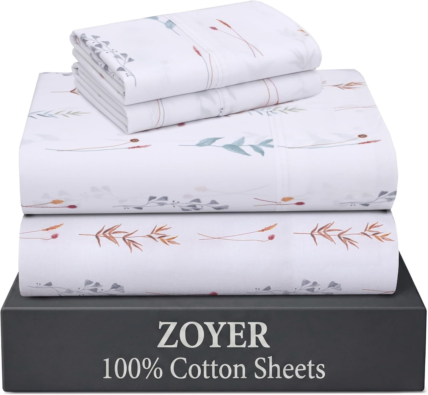 ZOYER 100% Cotton Percale Sheets Queen – Cooling Breathable Bed Sheets for Hot Sleepers, Crisp Hotel Style Bedding, Deep Pocket 16”, Lightweight Soft Durable 4 Pcs Sheet Set, Fairy Meadows