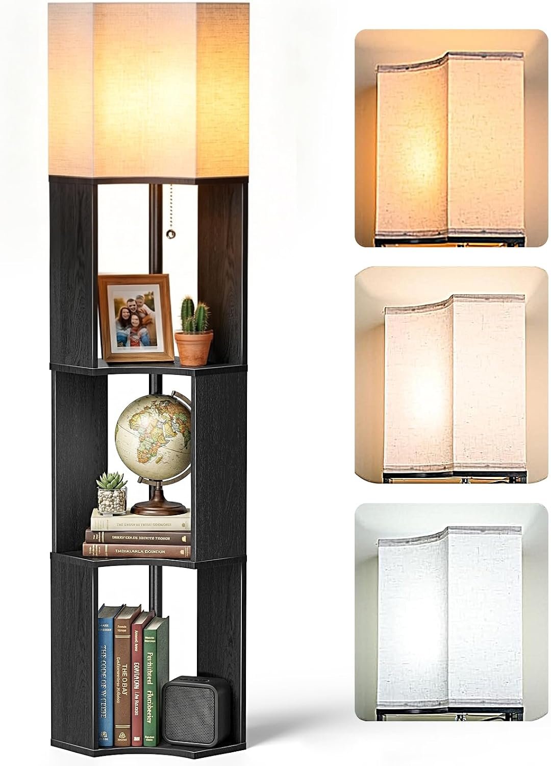 Floor Lamp with Shelves, Modern 3-Tier Wood Corner Storage Bookshelf Lamp for Living Room, 3 Color Temperatures LED Bulb Included, Tall Wooden Display Light, Black