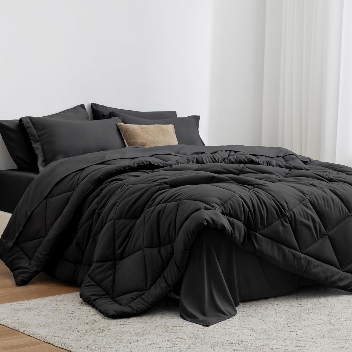 Love’s cabin Queen Comforter Set Black, 7 Pieces Queen Bed in a Bag, All Season Bedding Sets with 1 Comforter, 1 Flat Sheet, 1 Fitted Sheet, 2 Pillowcase and 2 Pillow Sham