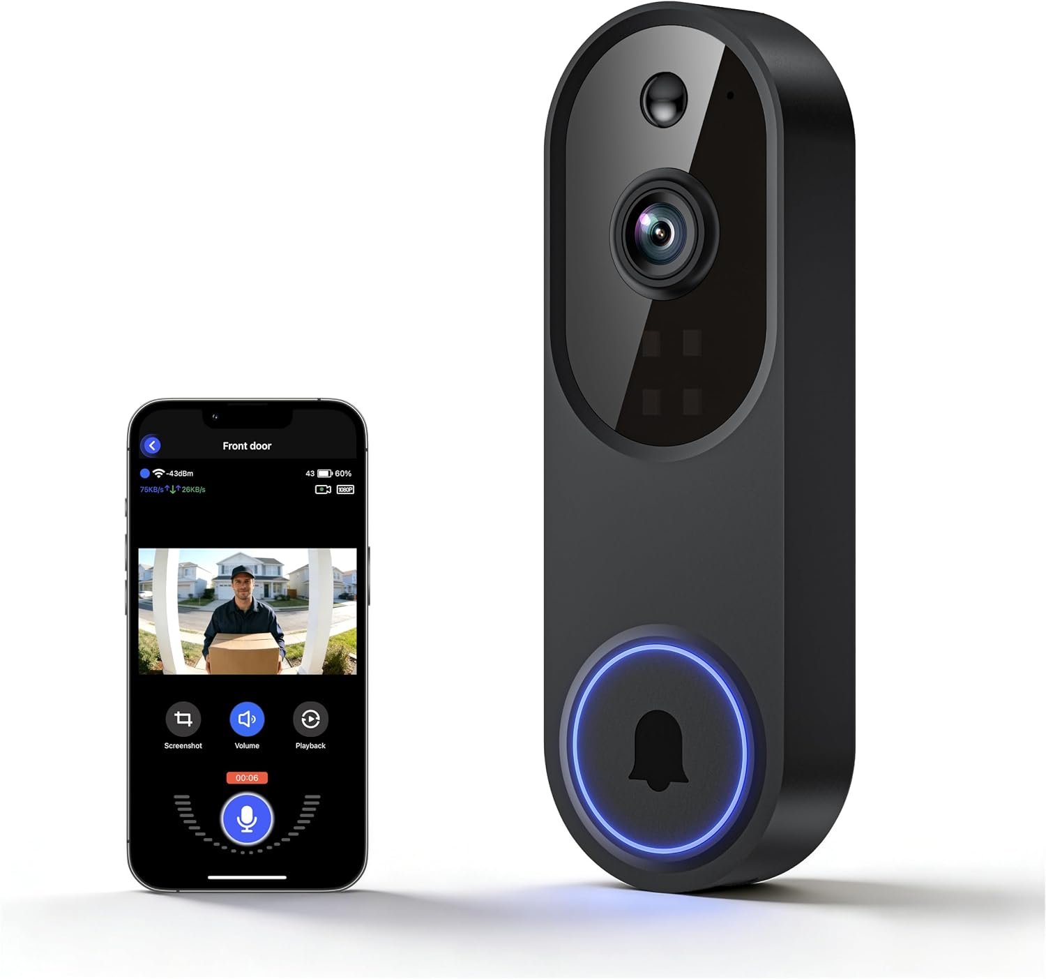 Lunelyx 1080P Wireless Video Doorbell Camera, Outdoor Surveillance Cameras, FHD Live View, Cloud Storage, AI Human Detection, Instant Alert, Night Vision, Two Way Audio, 2.4G WiFi Only
