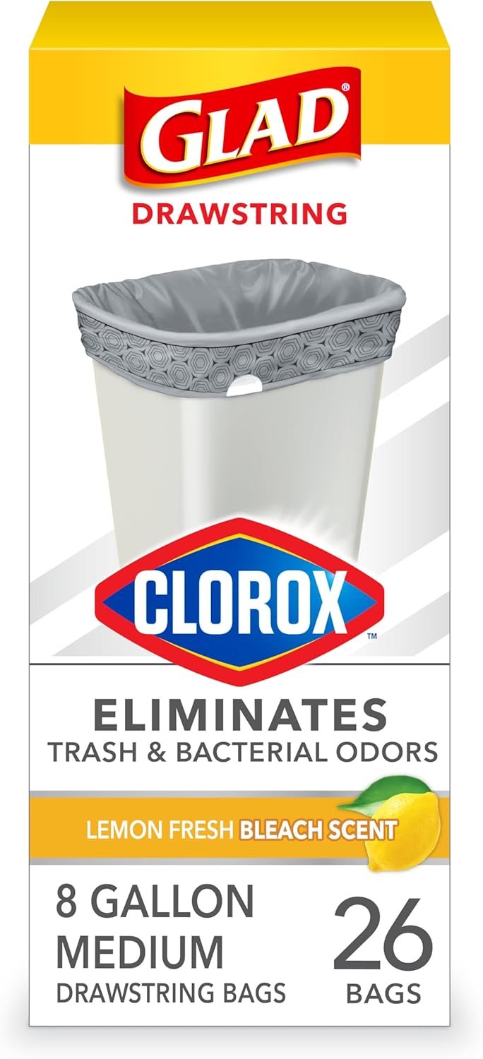 Glad Medium Trash Bags, 8 Gallon, Lemon Fresh Bleach Garbage Bags, Resists Bacterial Odors with Drawstring, 26 Count