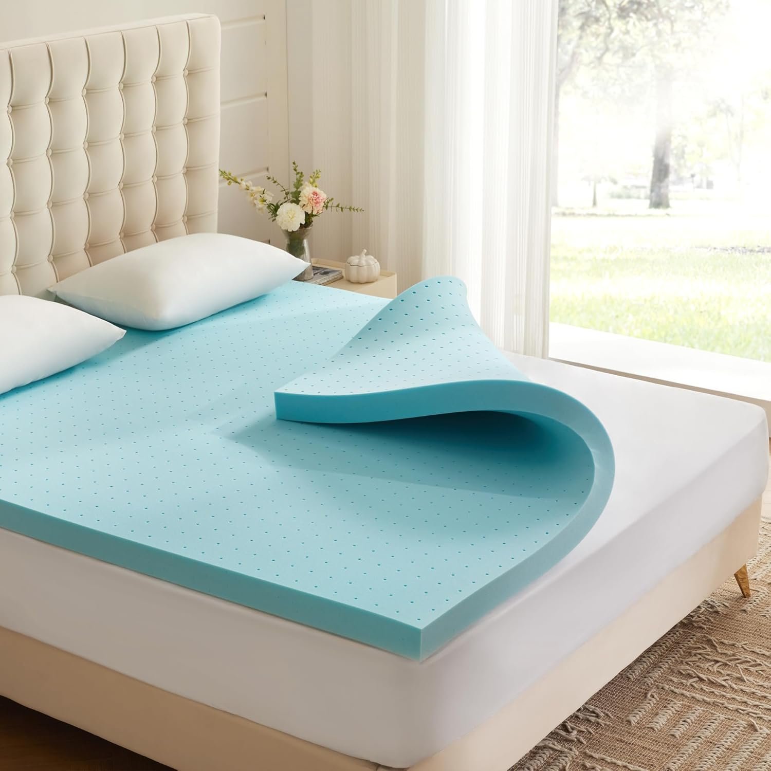 Eiayeebil 2 Inch Memory Foam Mattress Topper Twin, Mattress Pad Gel Infused Foam Bed Topper, Ventilated Soft Blue,Twin Size