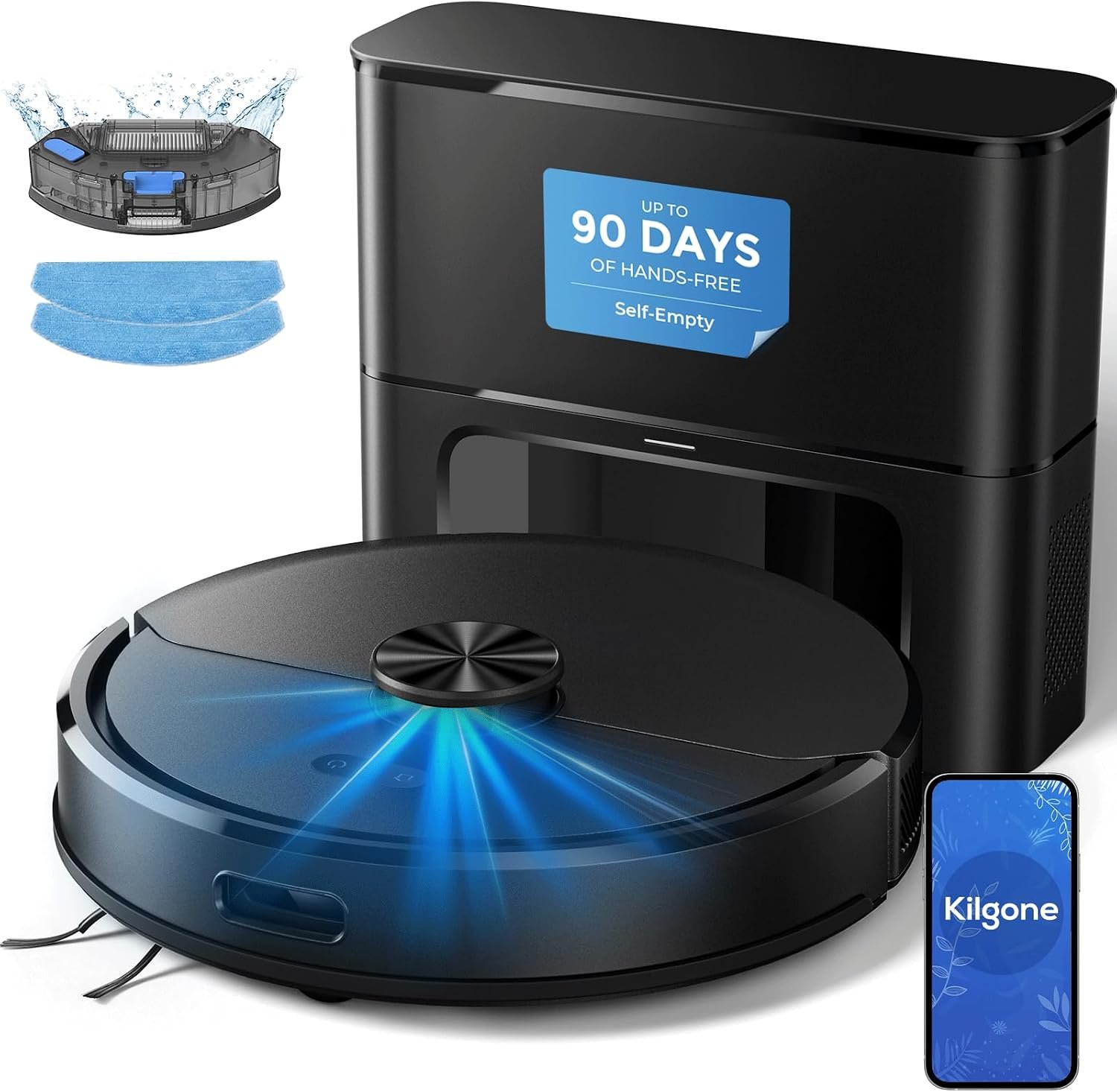 Kilgone Robot Vacuum and Mop Combo with Self Emptying Station, 6000Pa Suction Anti Tangle Brush LiDAR Navigation Multi Floor Mapping, 90 Day Hands Free Smart Laser Robotic Cleaner for Pet Hair Carpet