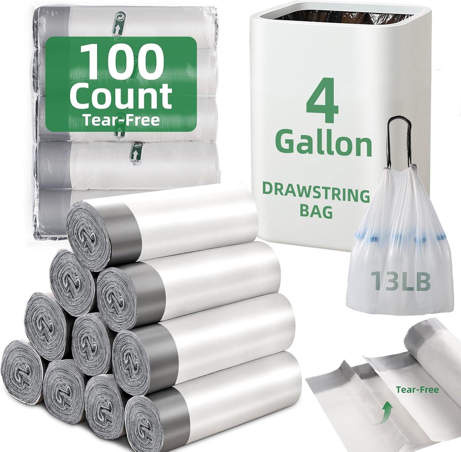 100 Counts 4 Gallon Trash Bag Drawstring Small Trash Bags, Thick Pre-separated Garbage Bags, Trash Bin Liners, Suitable for bathroom, kitchen, bedroom, office (White)