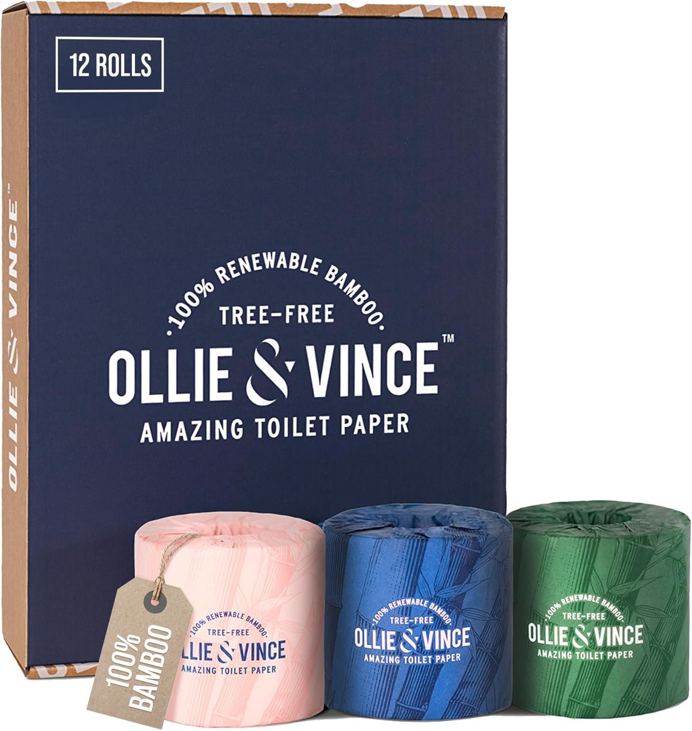 Ollie & Vince Bamboo Toilet Paper | Sustainable, Eco-Friendly, Plastic-Free & Tree-Free, Organic | 12 Rolls, 3-Ply, Soft, Strong & Septic Safe, Unscented | Premium Bathroom Tissue