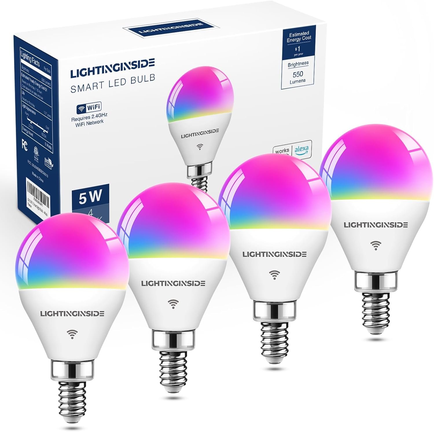 Lightinginside E12 Smart Light Bulbs 50W Equiv., G16.5 RGBCW Smart Bulb Works with Alexa/Google Home/SmartLife, 5W 550LM, 2.4G WiFi BLE Candelabra Bulb for Chandelier Ceiling Fan, ETL Listed, 4PCS