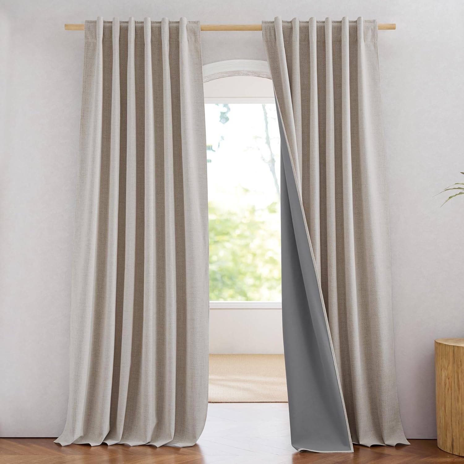 NICETOWN 100% Blackout Linen Curtains for Bedroom, W52 x L90 per Panel, Thermal Insulated & Privacy Living Room Curtains with Grey Liner, Linen Blend Draperies Farmhouse Style, 2 Panels, Natural