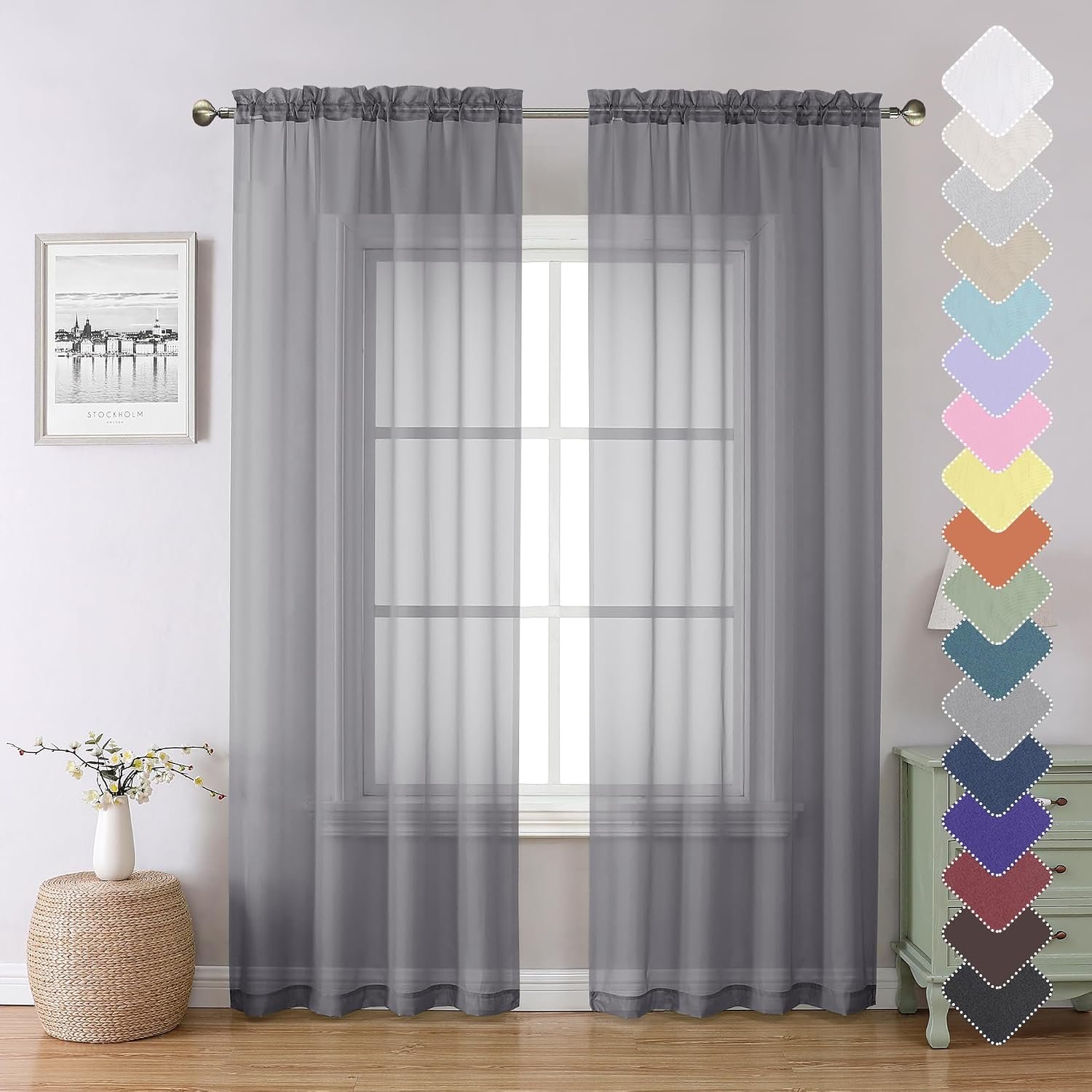 Lecloud Charcoal Grey Sheer Curtains 84 Inches Long 2 Panels, Voile Airy Light Filtering Curtains for Living Room Bedroom, Dual Rod Pocket Sheer Window Treatments Drapes, Each Panel 40″ W x 84″ L
