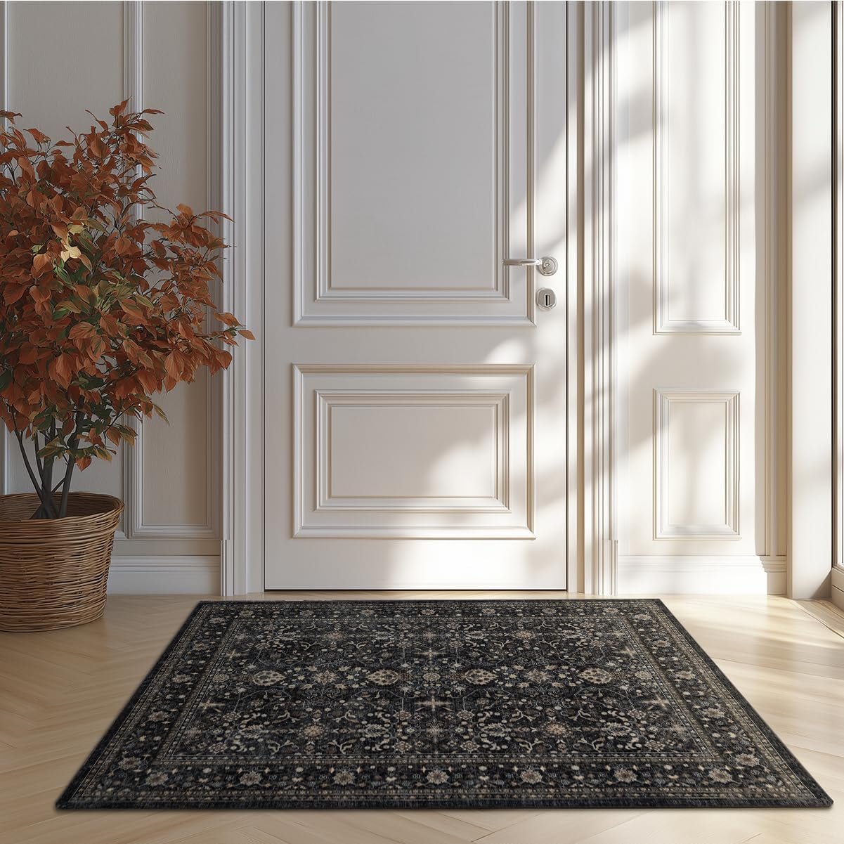 Ruaruarug Washable Area Rug 2×3 for Kitchen Entryway Living Room Bedroom, Ultra Soft Non Slip Stain & Fade Resistant, Pet & Kids Friendly, Suitable for High Traffic Areas Easy to Clean, Black Grey