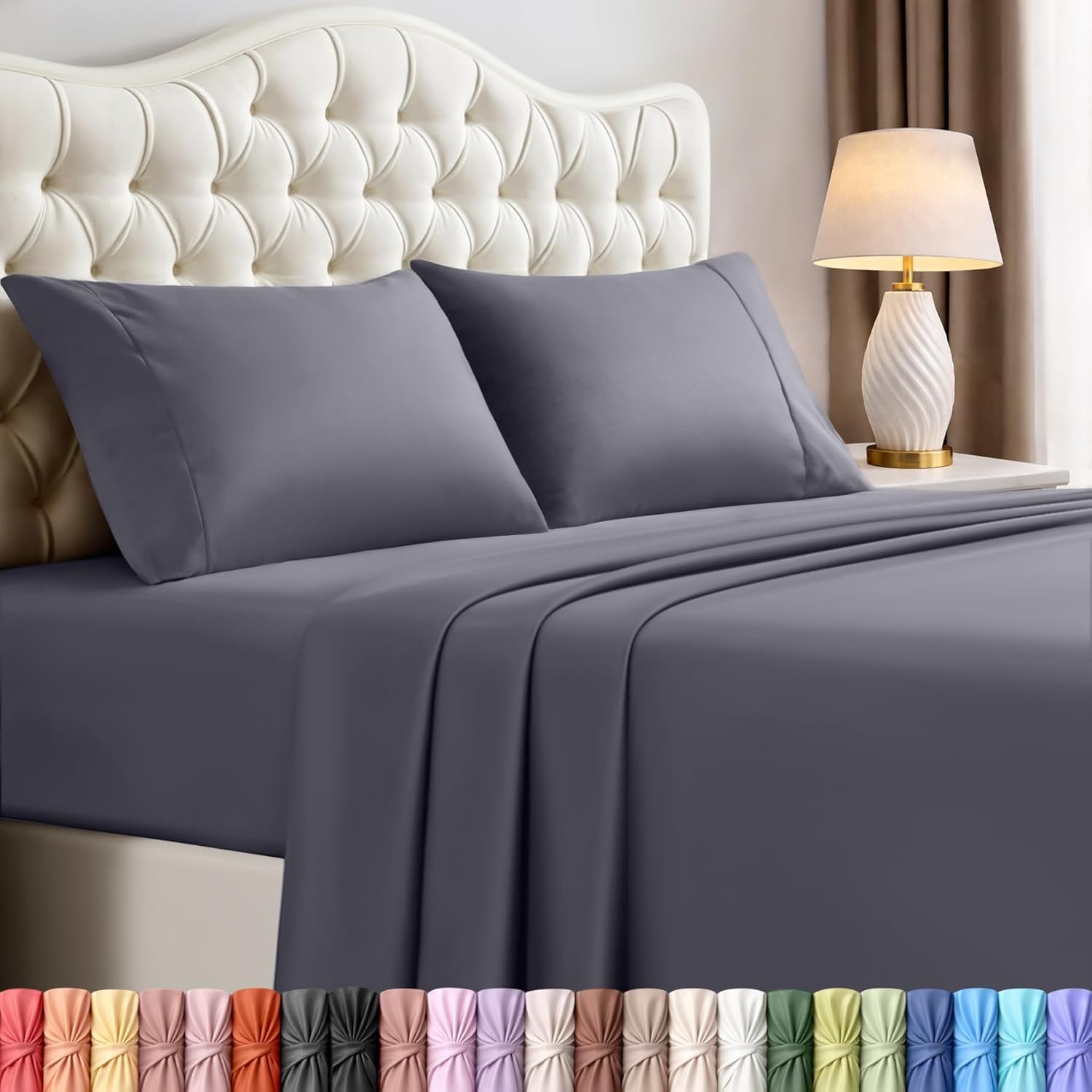 King Size Sheet Set – 4 Piece Bed Sheets, Soft and Breathable Microfiber, Includes 1 Fitted Sheet, 1 Flat Sheet and 2 Pillowcases – Oeko Tex (Grey)