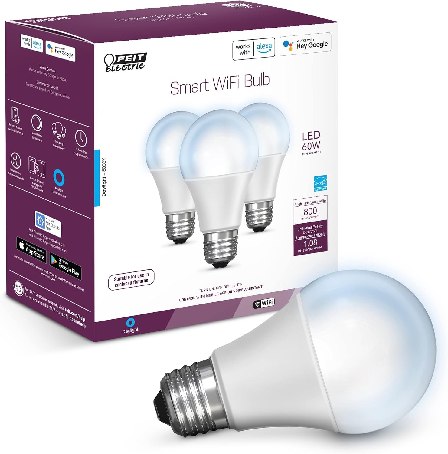 Feit Electric OM60/950CA/AG/3 60 Watt Equivalent WiFi Dimmable, No Hub Required, Alexa or Google Assistant A19 LED Smart Light Bulbs, 4.4″ H x 2.4″ D, 5000K Daylight, 3 Count