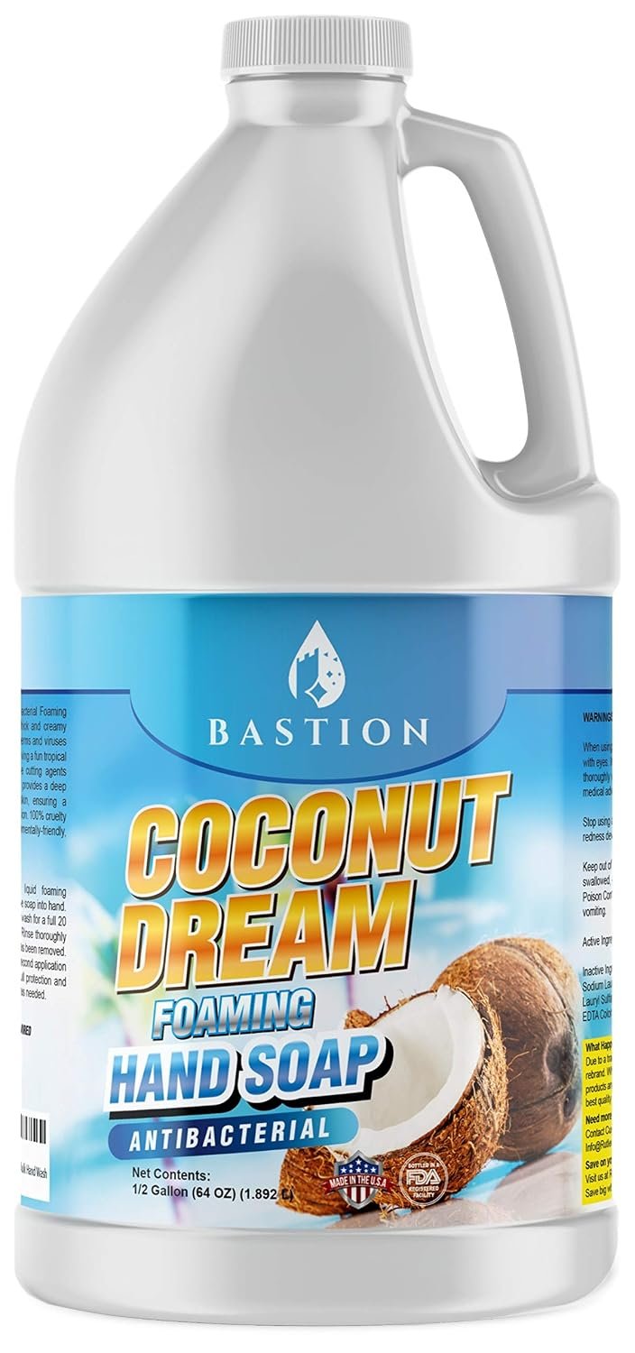 Bastion Antibacterial Foaming Hand Soap – Coconut Dream Hand Wash – Bulk 1/2 Gallon (64 oz) Refill Jug. Coconut Dream Scented. Non-toxic. Made in the USA.(Foaming Dispenser Required)