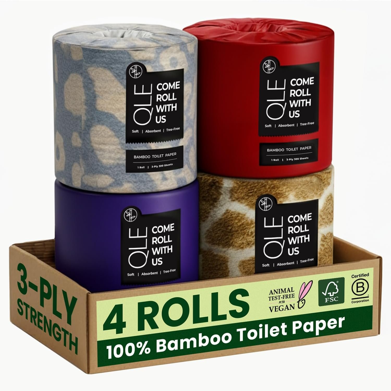 QLE Bamboo Toilet Paper 4 Pack 3 Ply 300 Sheets Bamboo RV Toilet Paper Rolls – Organic Chemical Free Toilet Paper, Hypoallergenic Toilet Paper Bamboo Soft, Compostable Septic Safe Plant Toilet Paper