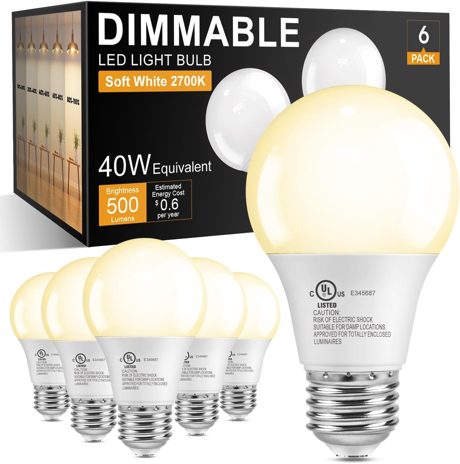 TJOY Dimmable LED Light Bulbs 40 Watt Equivalent, E26 Base A19 Standard LED Bulbs, Soft Warm White 2700K Lightbulbs, 5W Energy Saving Light Bulbs for Home, 500 LM, 80+ CRI, 120V, UL, 6 Pack